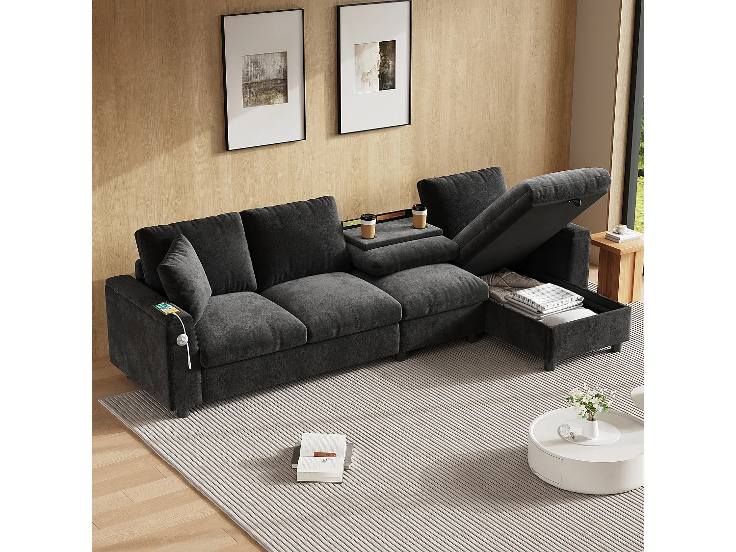 4-Sitzer-Ecksofa mit 2 Armlehnen und Stauraum + Klapptisch mit 2 Getränkehaltern + USB-Anschluss – Chenille – Grau