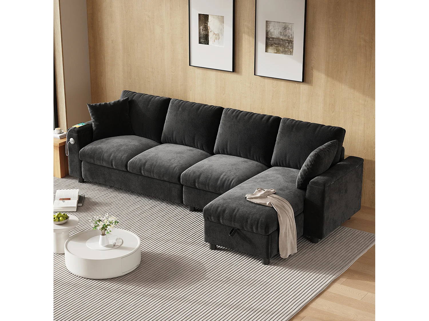 4-Sitzer-Ecksofa mit 2 Armlehnen und Stauraum + Klapptisch mit 2 Getränkehaltern + USB-Anschluss – Chenille – Grau