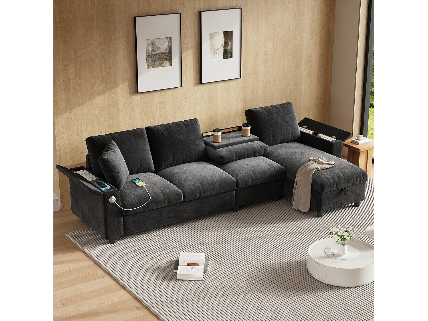 4-Sitzer-Ecksofa mit 2 Armlehnen und Stauraum + Klapptisch mit 2 Getränkehaltern + USB-Anschluss – Chenille – Grau