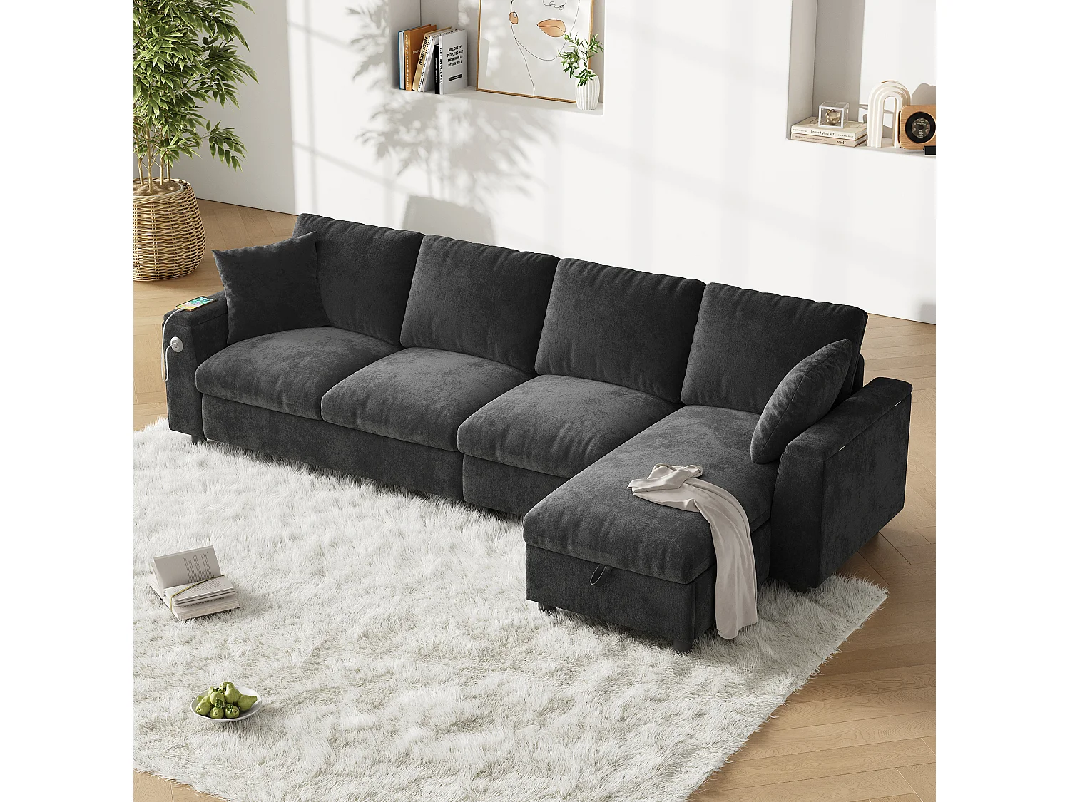 4-Sitzer-Ecksofa mit 2 Armlehnen und Stauraum + Klapptisch mit 2 Getränkehaltern + USB-Anschluss – Chenille – Grau