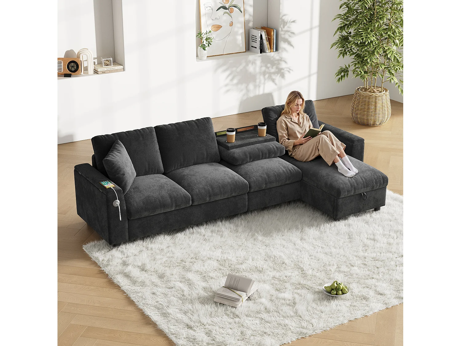 4-Sitzer-Ecksofa mit 2 Armlehnen und Stauraum + Klapptisch mit 2 Getränkehaltern + USB-Anschluss – Chenille – Grau