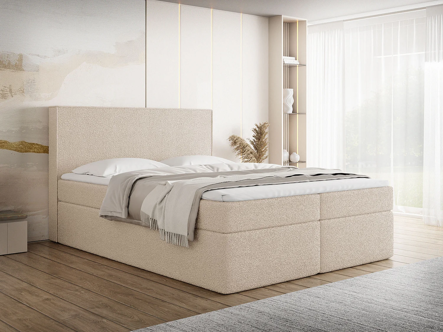 Boxspringbett 140x200 mit Bettkasten, Gepolstert Doppelbett mit H3 Multipocket-Matratze, H2 Visco-Topper – Stauraumbett mit hohem Kopfteil, Boucle – Terra – Beige