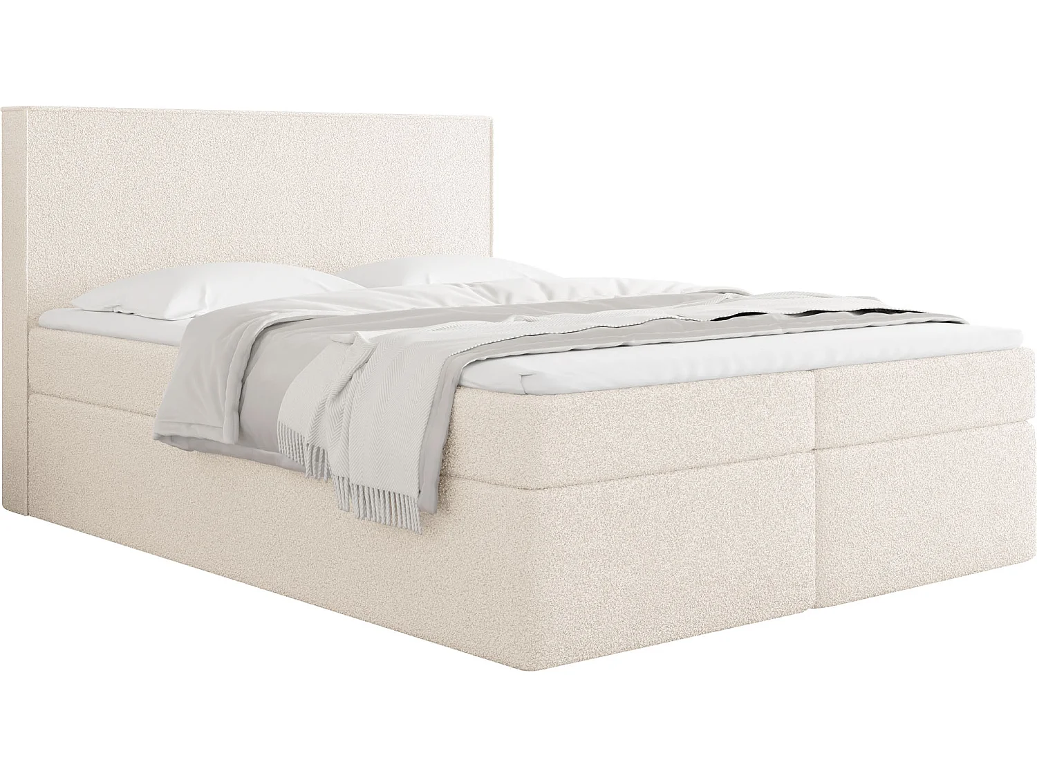 Boxspringbett 140x200 mit Bettkasten, Gepolstert Doppelbett mit H3 Multipocket-Matratze, H2 Visco-Topper – Stauraumbett mit hohem Kopfteil, Boucle – Terra – Beige