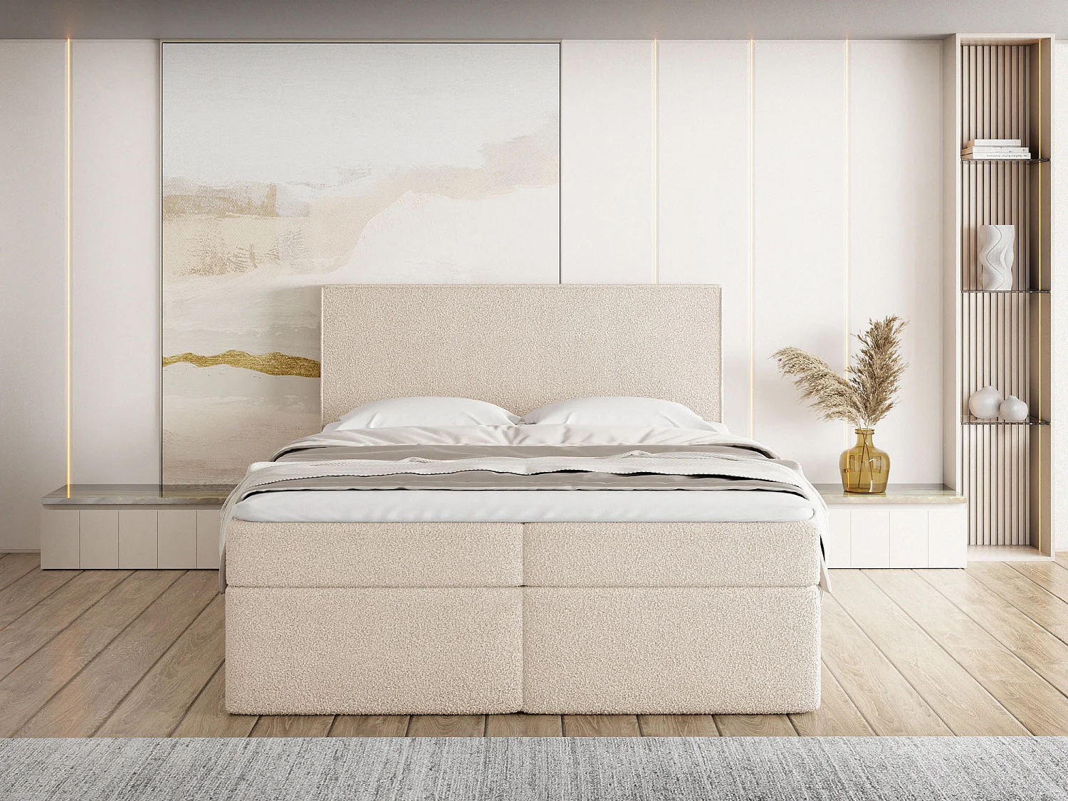 Boxspringbett 140x200 mit Bettkasten, Gepolstert Doppelbett mit H3 Multipocket-Matratze, H2 Visco-Topper – Stauraumbett mit hohem Kopfteil, Boucle – Terra – Beige