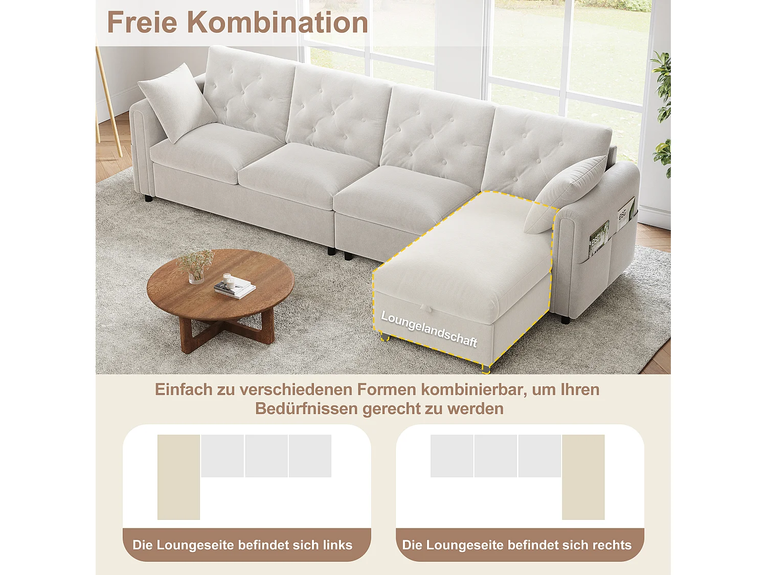 Canapé d'angle 4 places moderne avec rangement - accoudoirs latéraux avec poches 281 x 132 x 86 cm - velours - Beige
