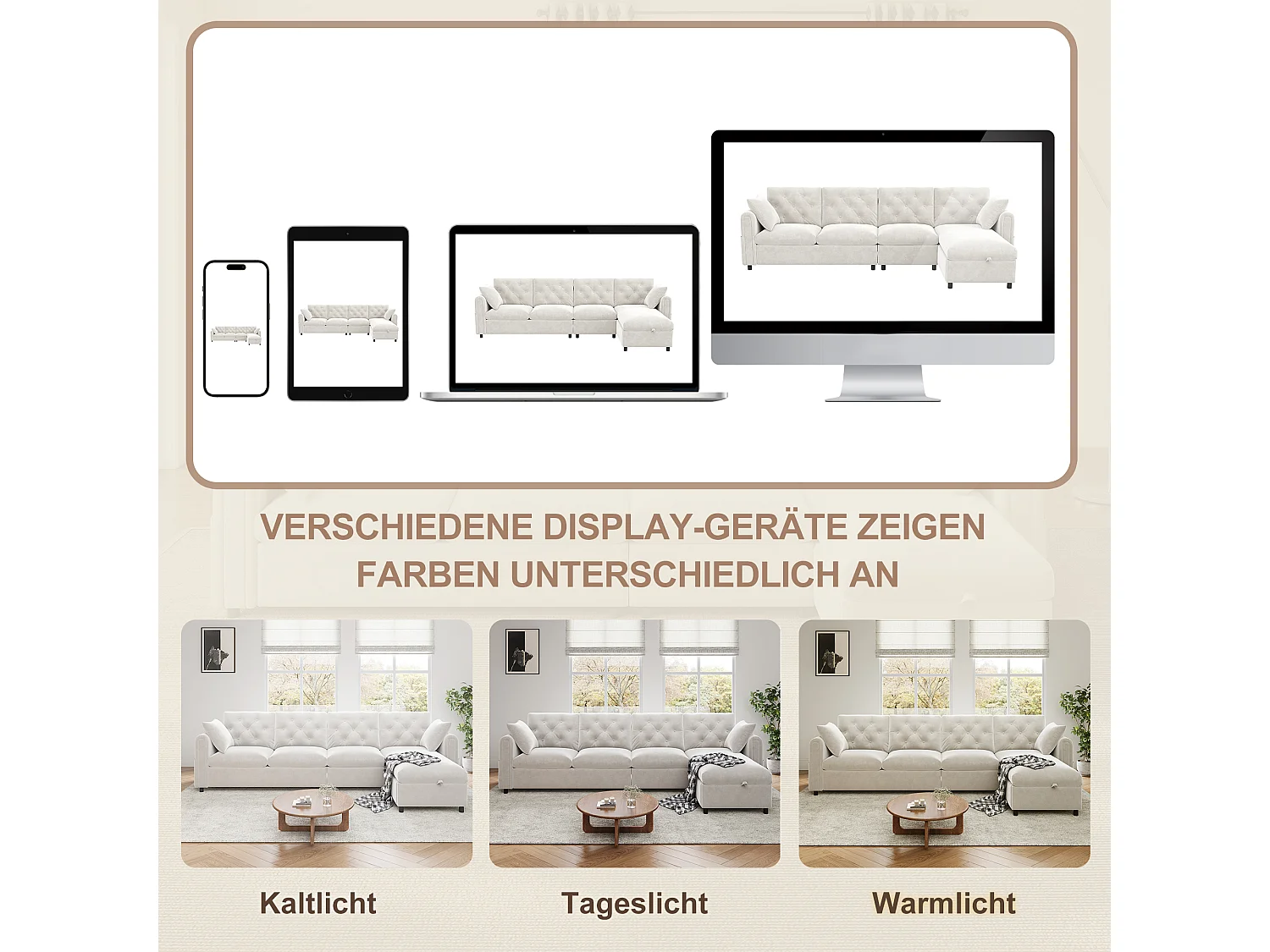 Canapé d'angle 4 places moderne avec rangement - accoudoirs latéraux avec poches 281 x 132 x 86 cm - velours - Beige