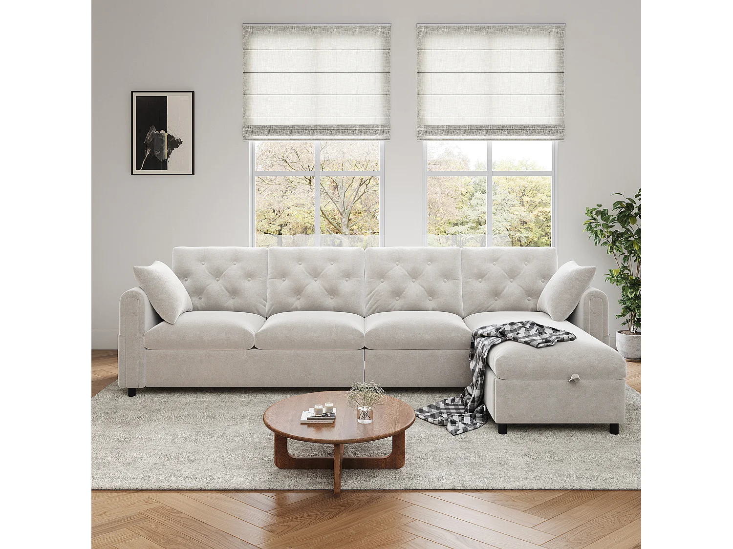 Divano angolare moderno a 4 posti con contenitore - braccioli laterali con tasche 281 x 132 x 86 cm - velluto - Beige