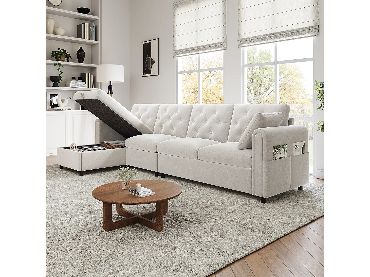 Divano angolare moderno a 4 posti con contenitore - braccioli laterali con tasche 281 x 132 x 86 cm - velluto - Beige