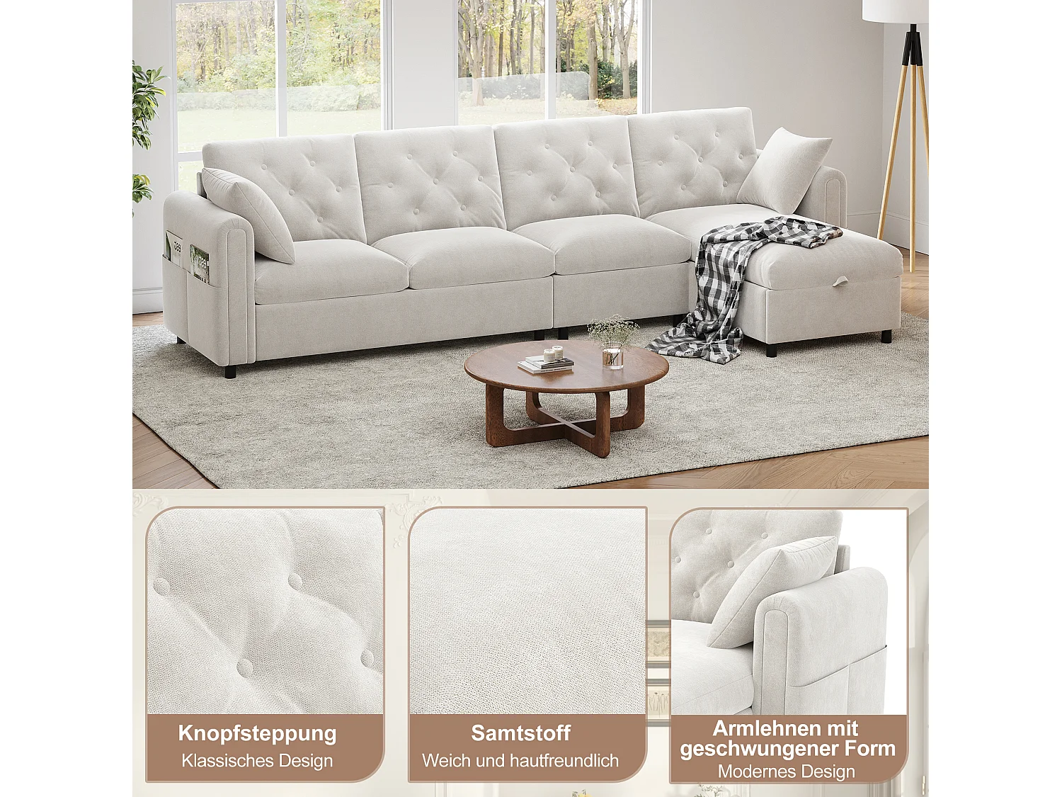 Divano angolare moderno a 4 posti con contenitore - braccioli laterali con tasche 281 x 132 x 86 cm - velluto - Beige