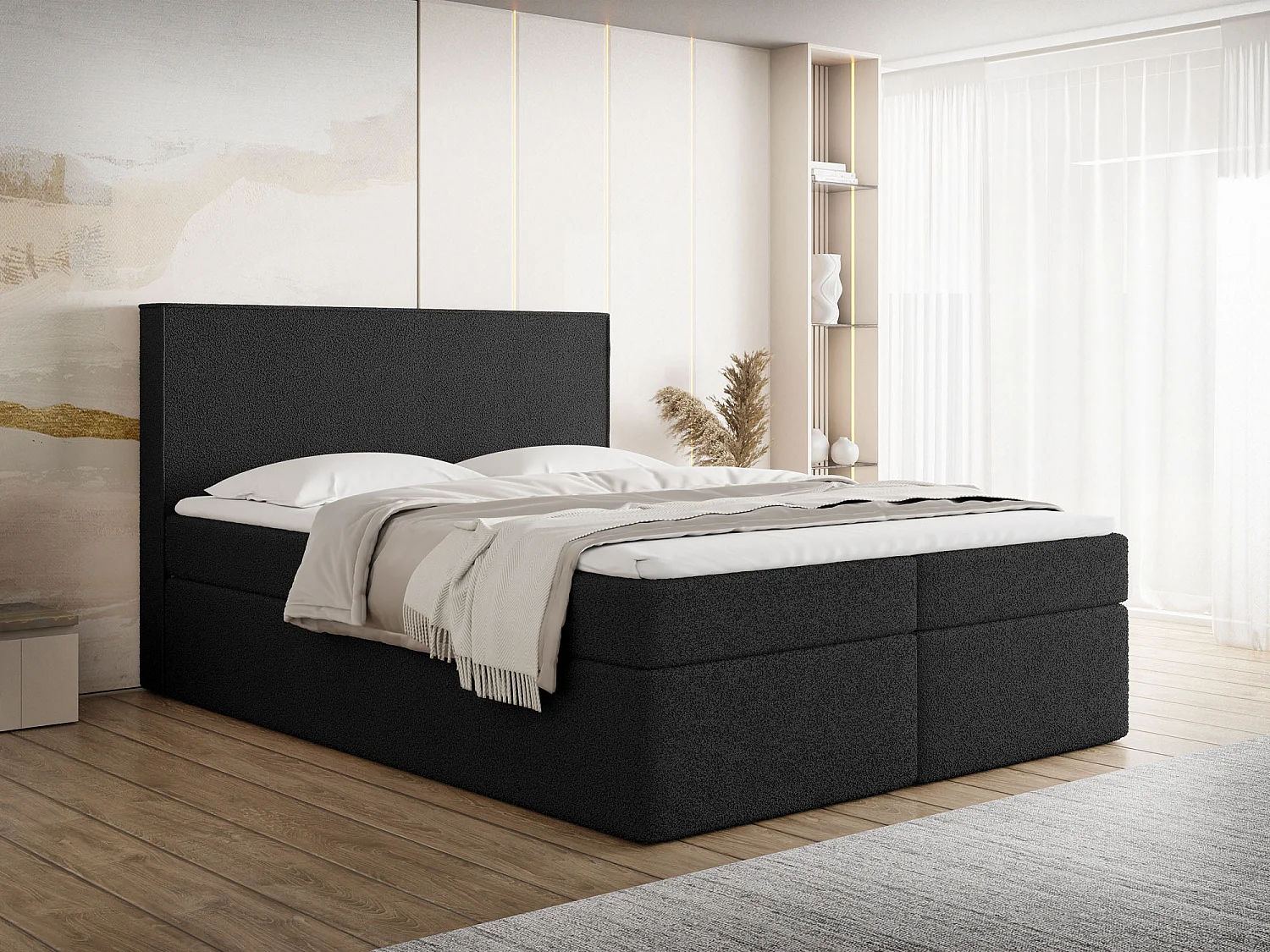 Boxspringbett 200x200 cm mit Bettkasten, Gepolstert Doppelbett mit 7-Zonen Taschenfederkern-Matratze, 5 cm Komfortschaum-Topper Inklusive – Boucle Stoff Schwarz