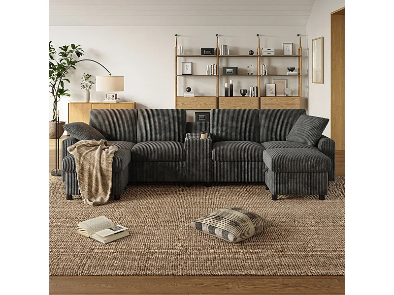 Canapé d'angle avec 2 repose-pieds de rangement + 2 porte-gobelets + 1 port USB et prises - 315 x 135 x 81 cm - velours - gris