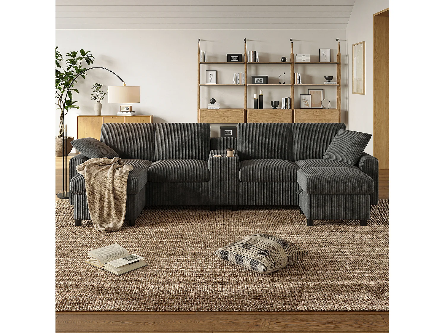 Canapé d'angle avec 2 repose-pieds de rangement + 2 porte-gobelets + 1 port USB et prises - 315 x 135 x 81 cm - velours - gris