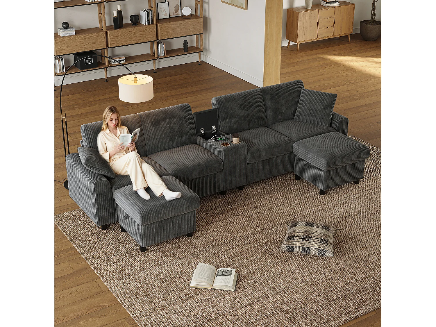 Canapé d'angle avec 2 repose-pieds de rangement + 2 porte-gobelets + 1 port USB et prises - 315 x 135 x 81 cm - velours - gris