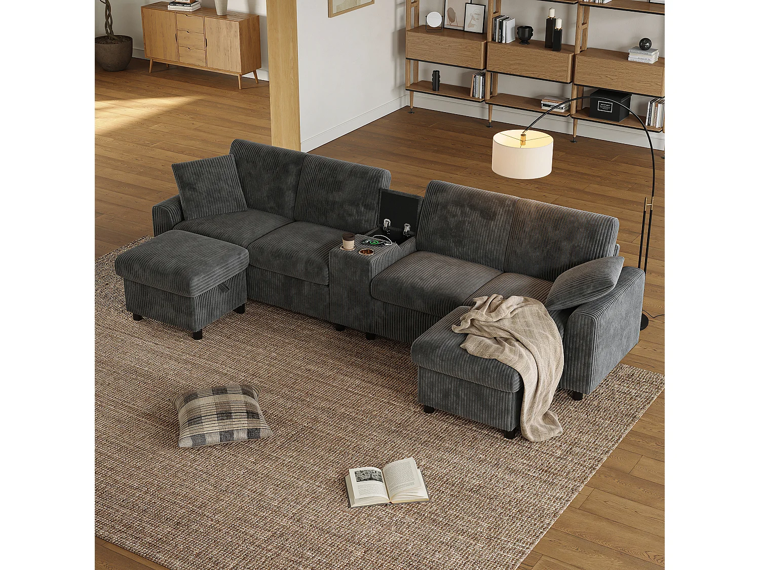 Canapé d'angle avec 2 repose-pieds de rangement + 2 porte-gobelets + 1 port USB et prises - 315 x 135 x 81 cm - velours - gris