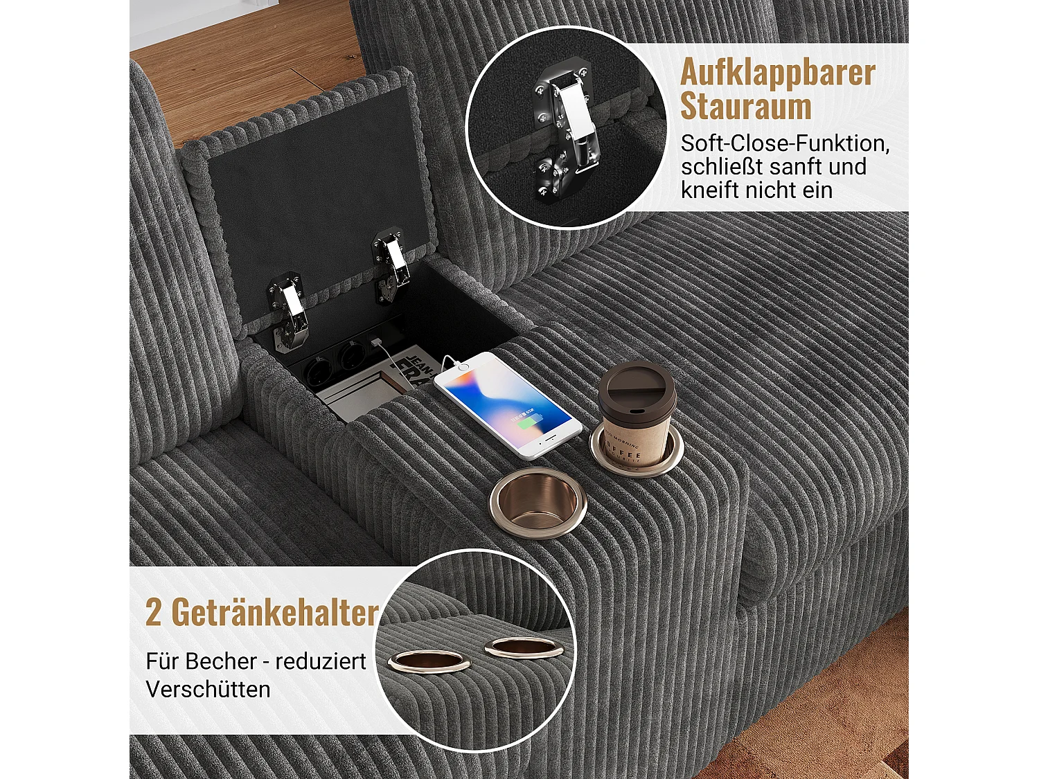 Canapé d'angle avec 2 repose-pieds de rangement + 2 porte-gobelets + 1 port USB et prises - 315 x 135 x 81 cm - velours - gris