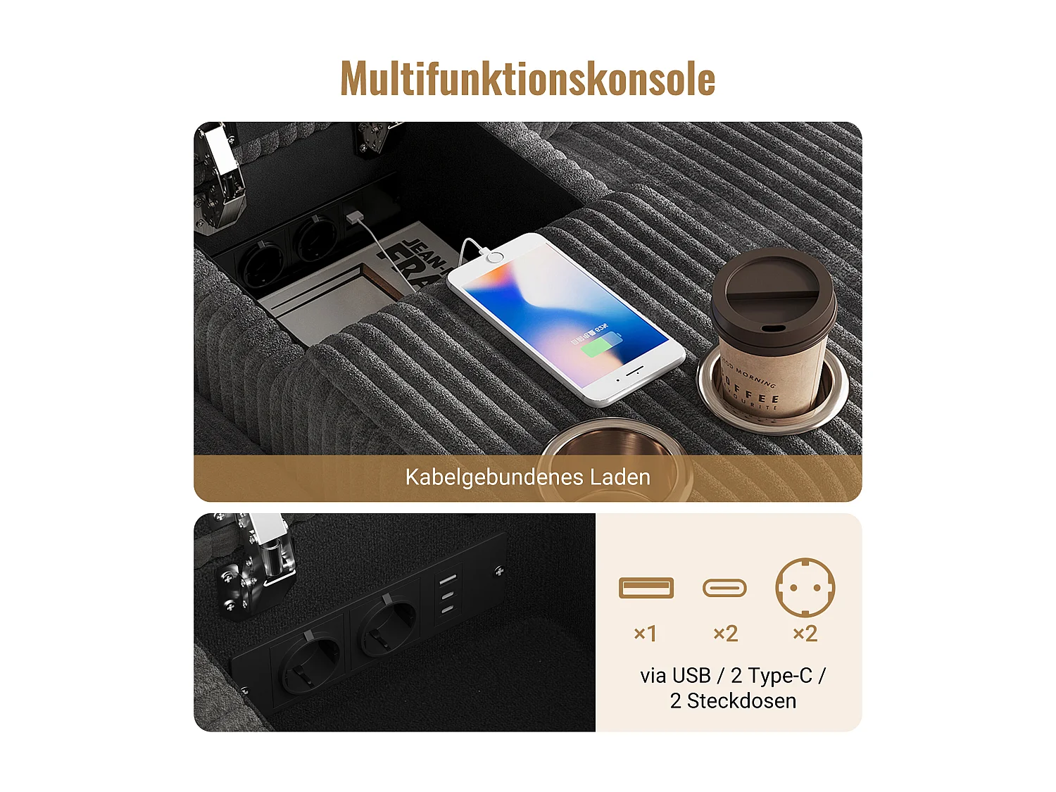 Canapé d'angle avec 2 repose-pieds de rangement + 2 porte-gobelets + 1 port USB et prises - 315 x 135 x 81 cm - velours - gris