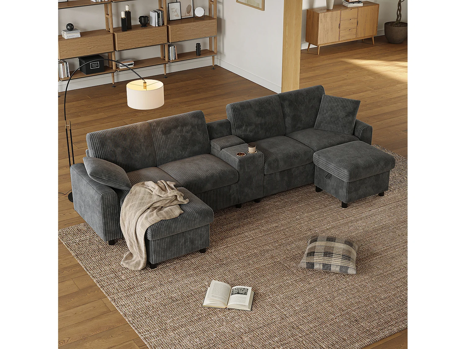 Sofá esquinero con 2 reposapiés con almacenaje, 2 portavasos, 1 puerto USB y enchufes - 315 x 135 x 81 cm - terciopelo - gris