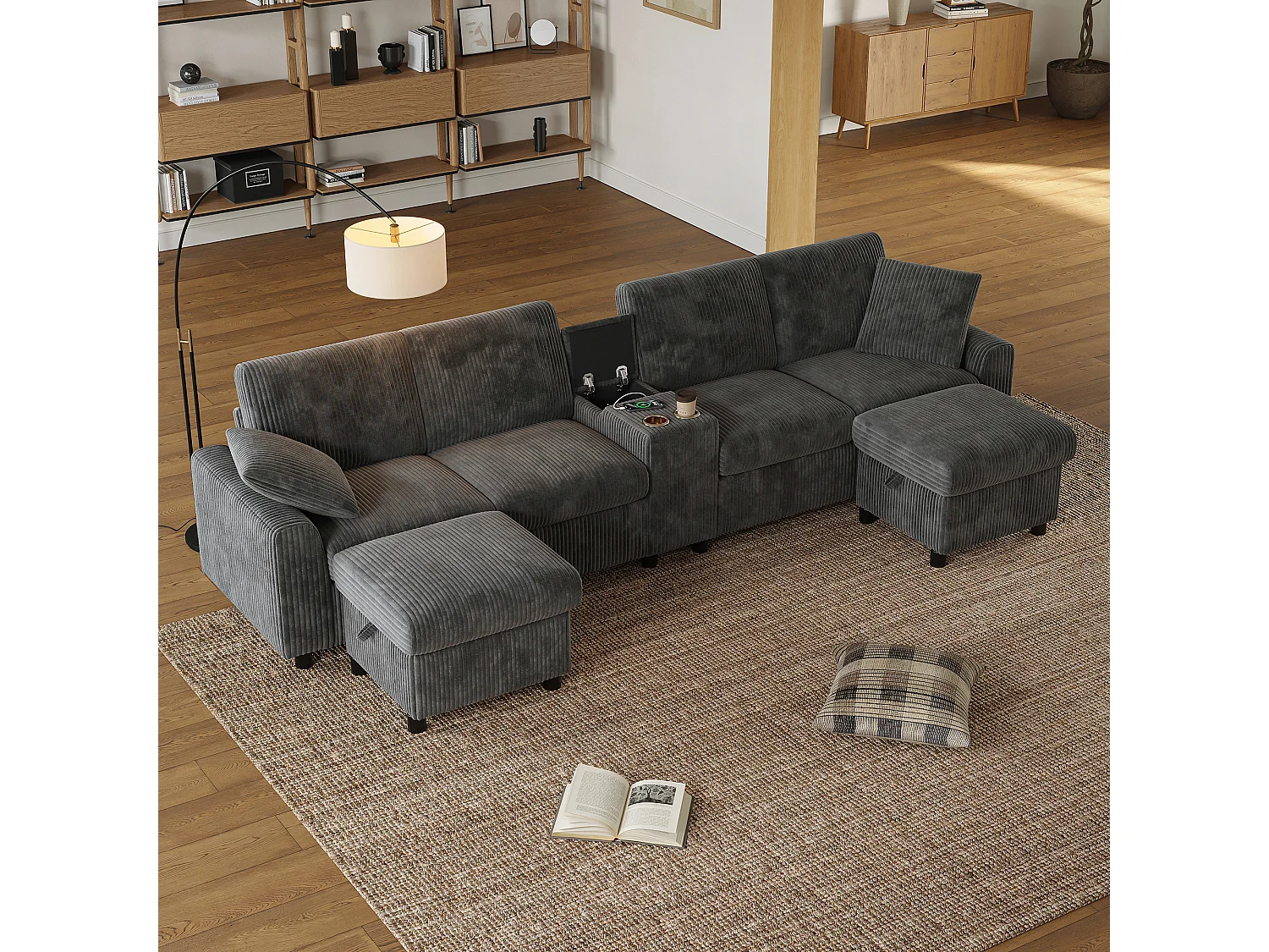 Sofá esquinero con 2 reposapiés con almacenaje, 2 portavasos, 1 puerto USB y enchufes - 315 x 135 x 81 cm - terciopelo - gris