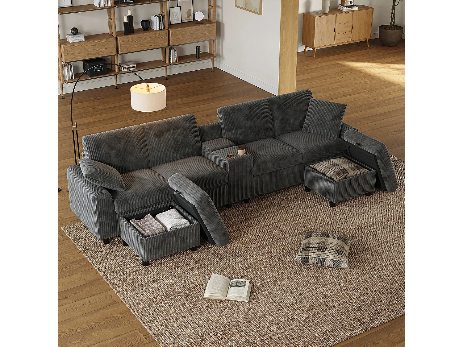 Sofá esquinero con 2 reposapiés con almacenaje, 2 portavasos, 1 puerto USB y enchufes - 315 x 135 x 81 cm - terciopelo - gris