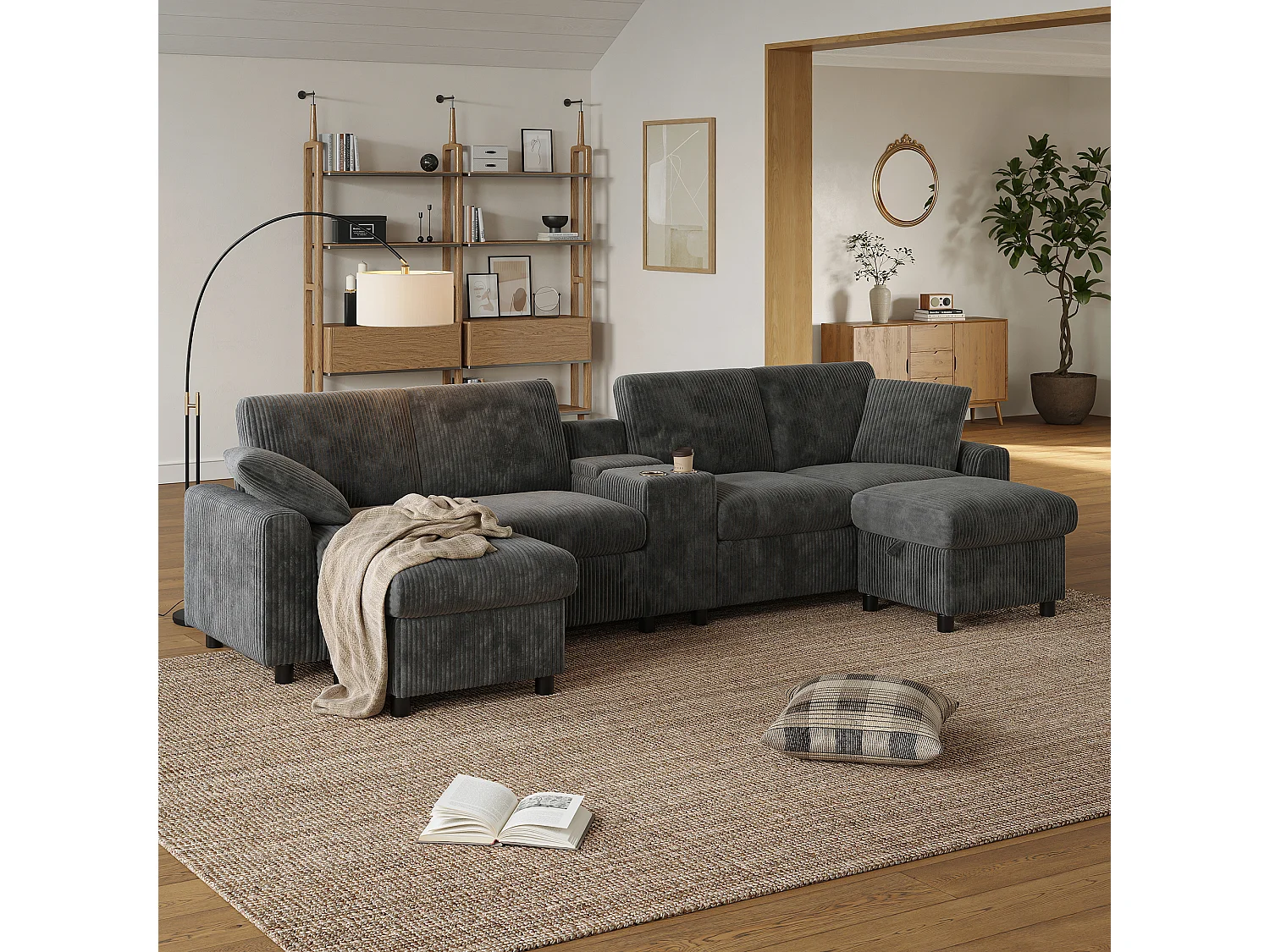 Sofá esquinero con 2 reposapiés con almacenaje, 2 portavasos, 1 puerto USB y enchufes - 315 x 135 x 81 cm - terciopelo - gris