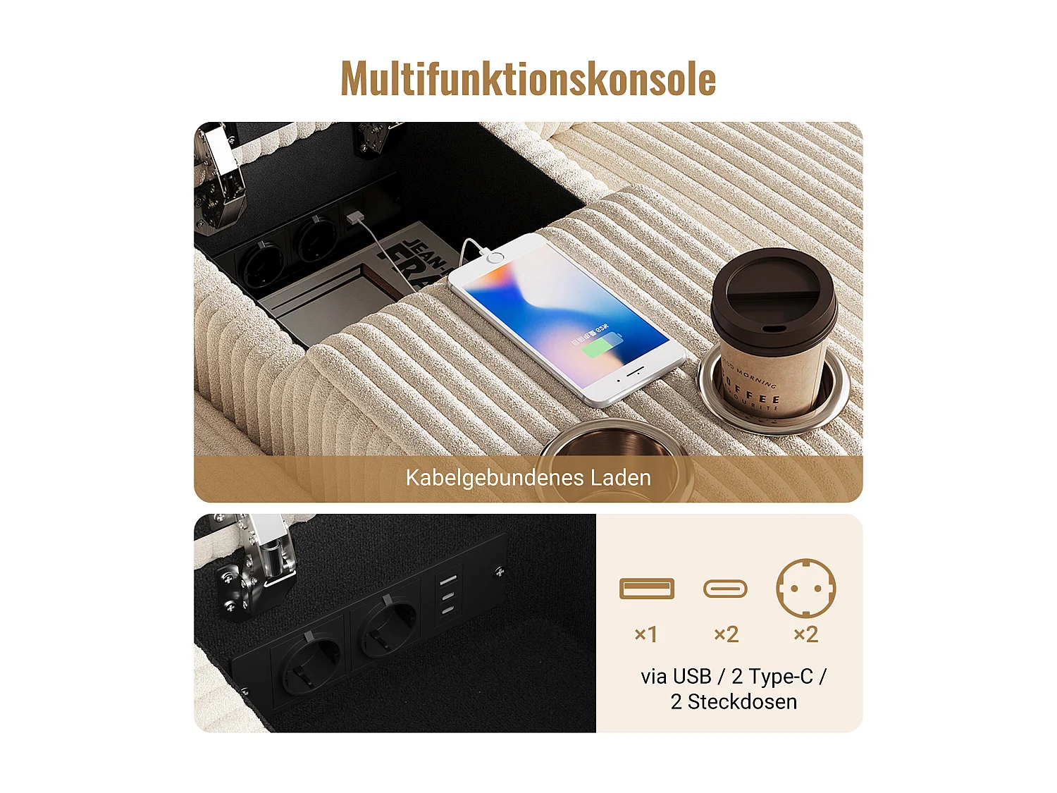 Ecksofa mit 2 Fußstützen mit Stauraum, 2 Getränkehaltern, 1 USB-Anschluss und Steckdosen – 315 x 135 x 81 cm – Samt – Beige