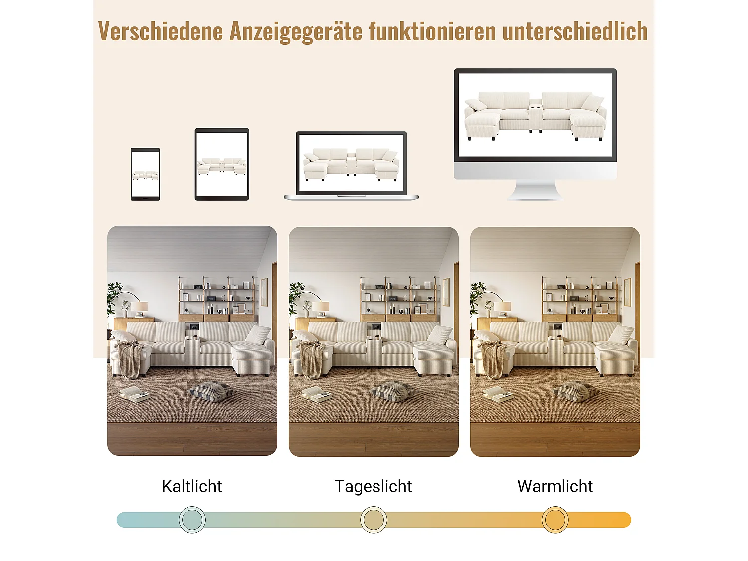 Ecksofa mit 2 Fußstützen mit Stauraum, 2 Getränkehaltern, 1 USB-Anschluss und Steckdosen – 315 x 135 x 81 cm – Samt – Beige