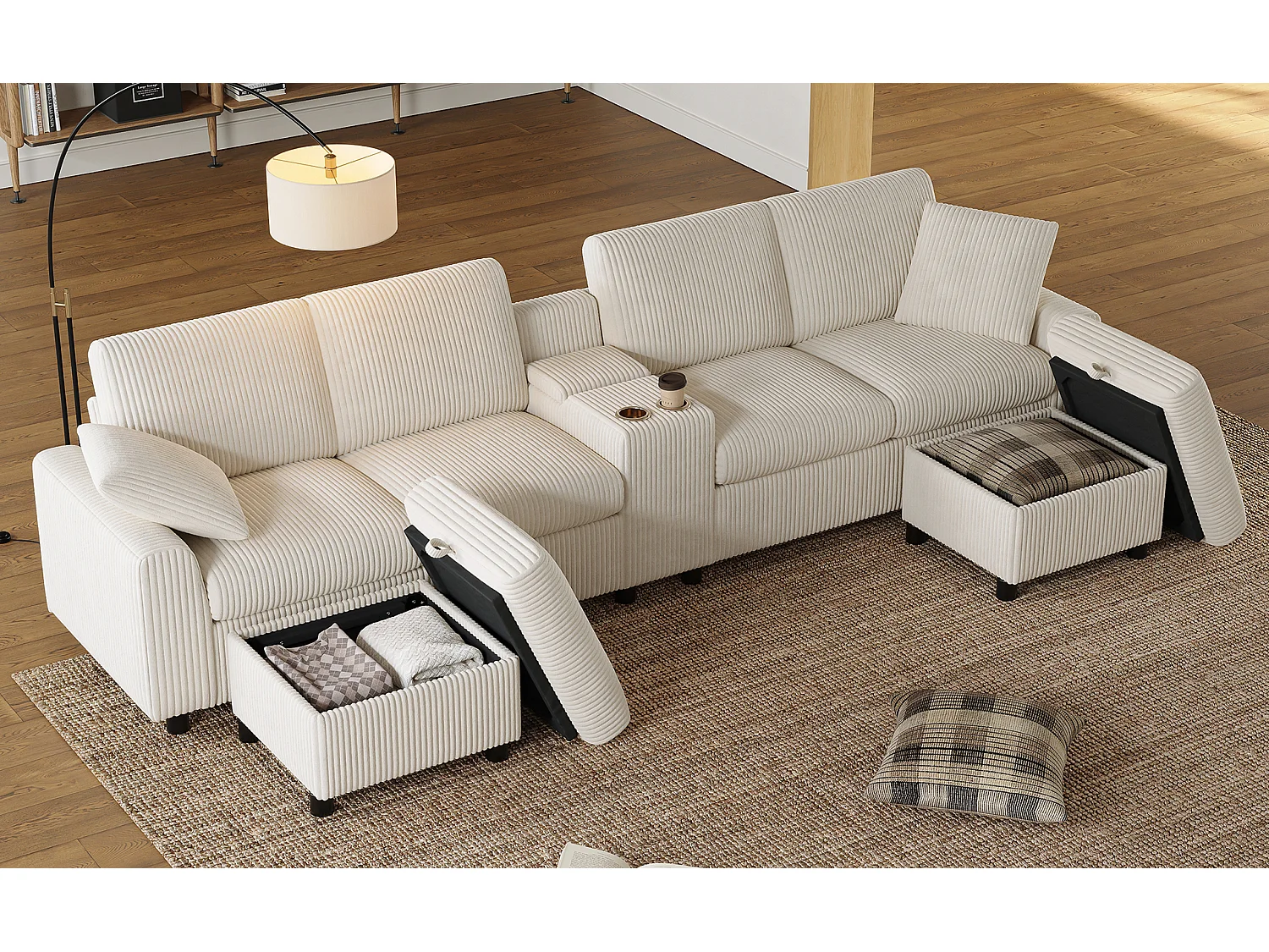 Ecksofa mit 2 Fußstützen mit Stauraum, 2 Getränkehaltern, 1 USB-Anschluss und Steckdosen – 315 x 135 x 81 cm – Samt – Beige