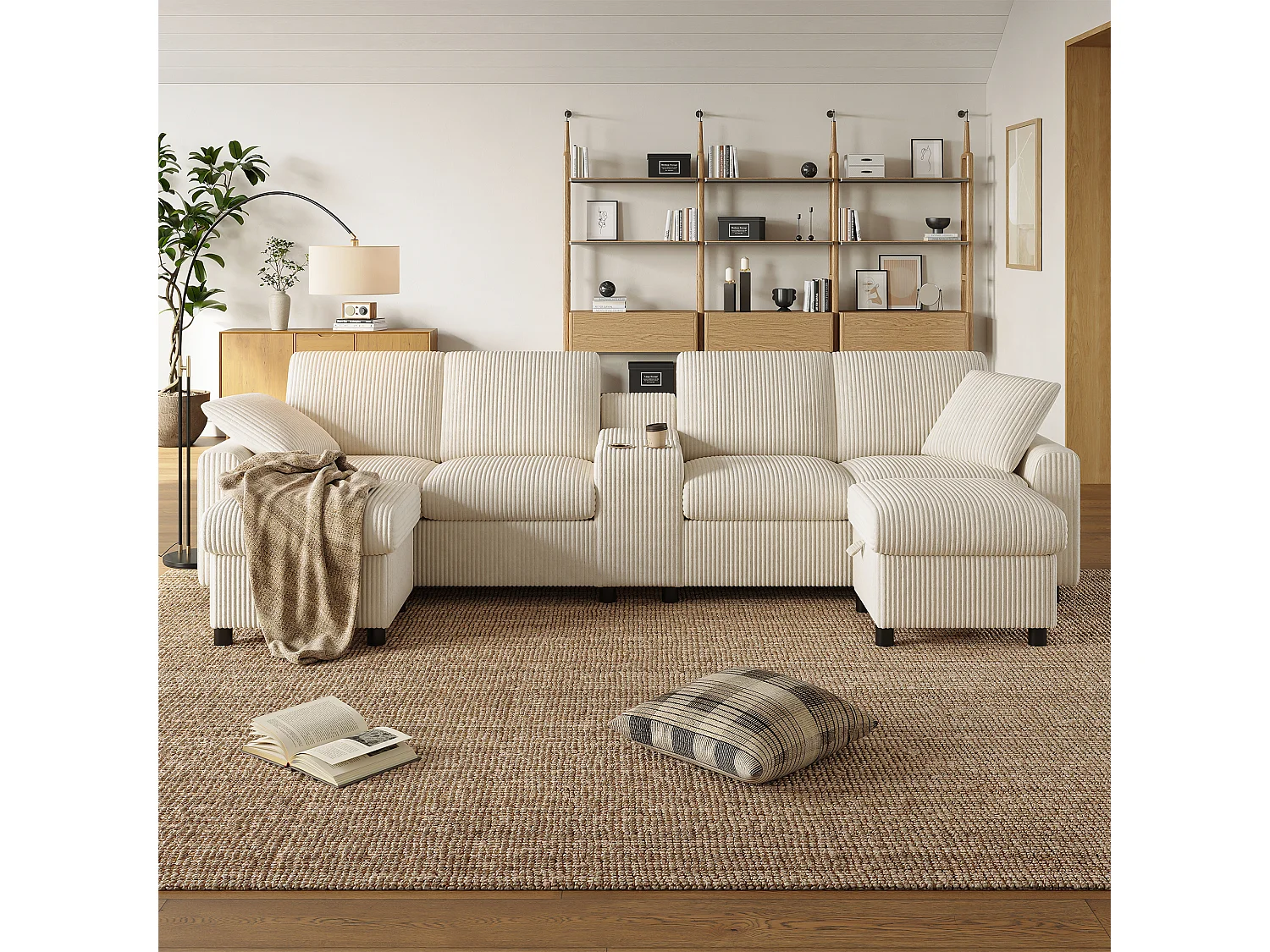 Sofá esquinero con 2 reposapiés con almacenaje, 2 portavasos, 1 puerto USB y enchufes - 315 x 135 x 81 cm - terciopelo - beige