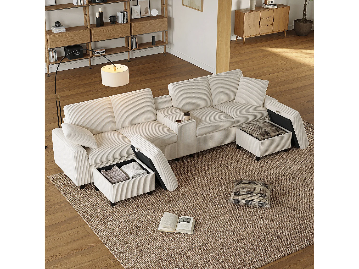 Sofá esquinero con 2 reposapiés con almacenaje, 2 portavasos, 1 puerto USB y enchufes - 315 x 135 x 81 cm - terciopelo - beige
