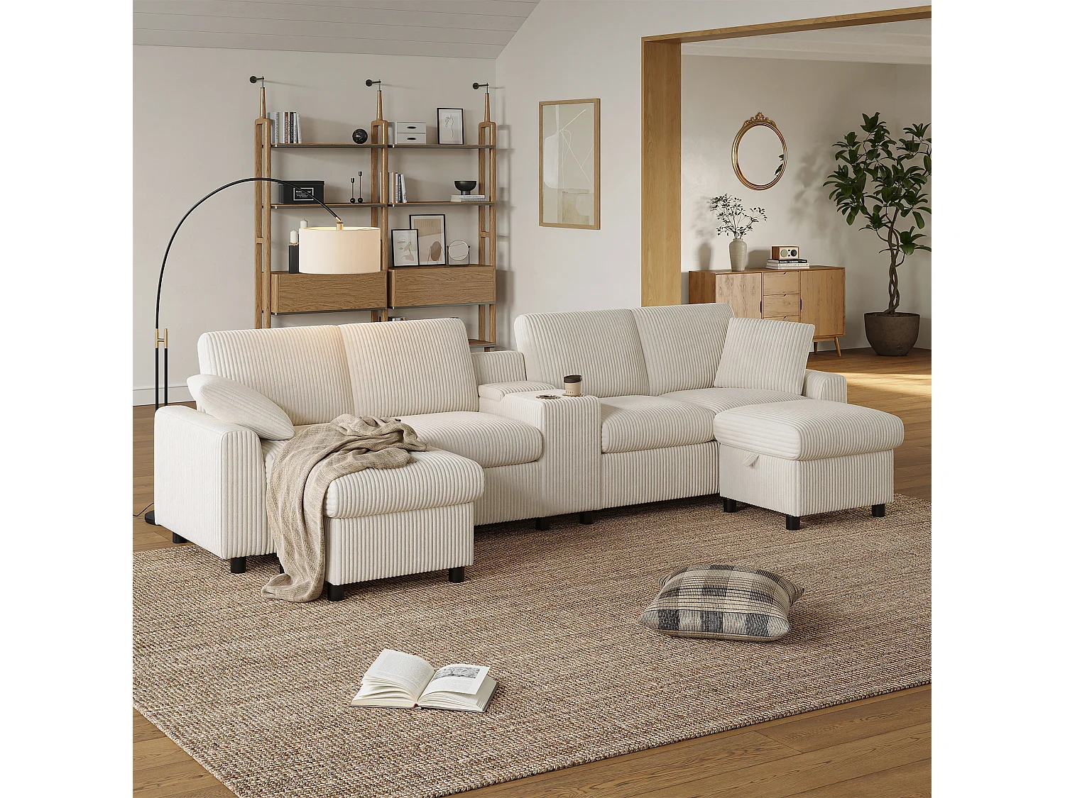 Sofá esquinero con 2 reposapiés con almacenaje, 2 portavasos, 1 puerto USB y enchufes - 315 x 135 x 81 cm - terciopelo - beige