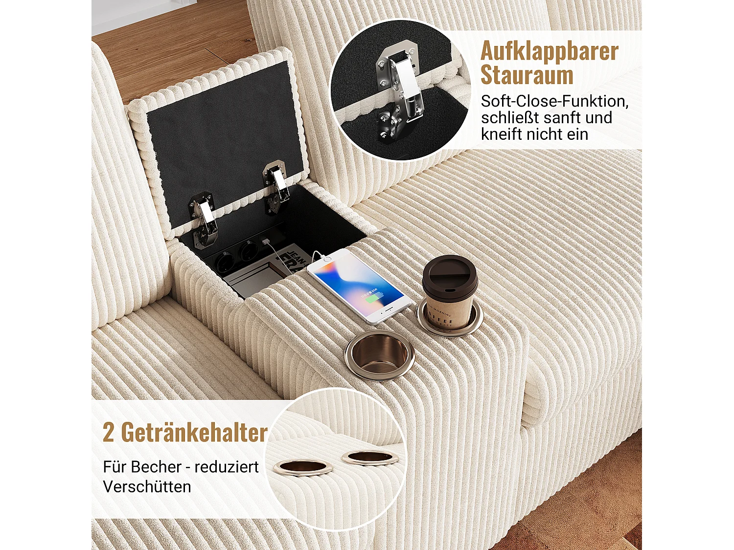 Sofá esquinero con 2 reposapiés con almacenaje, 2 portavasos, 1 puerto USB y enchufes - 315 x 135 x 81 cm - terciopelo - beige