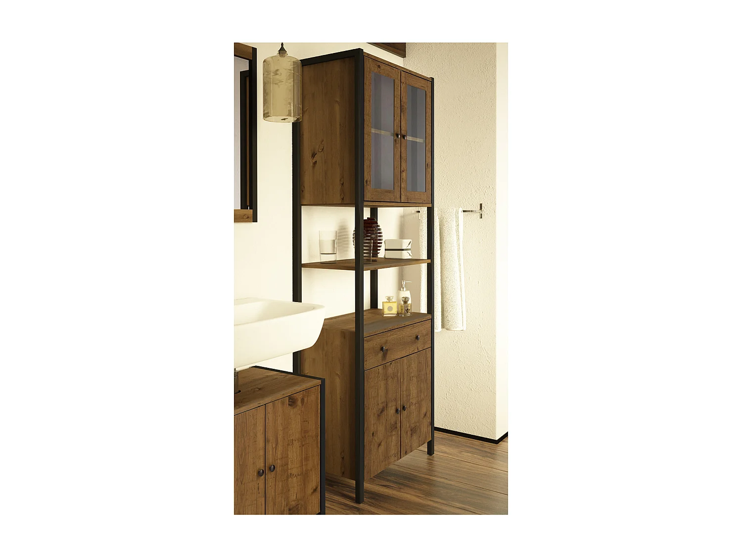 Chris | Armoire haute avec 2 portes vitrées + 2 portes en aggloméré chêne / noir