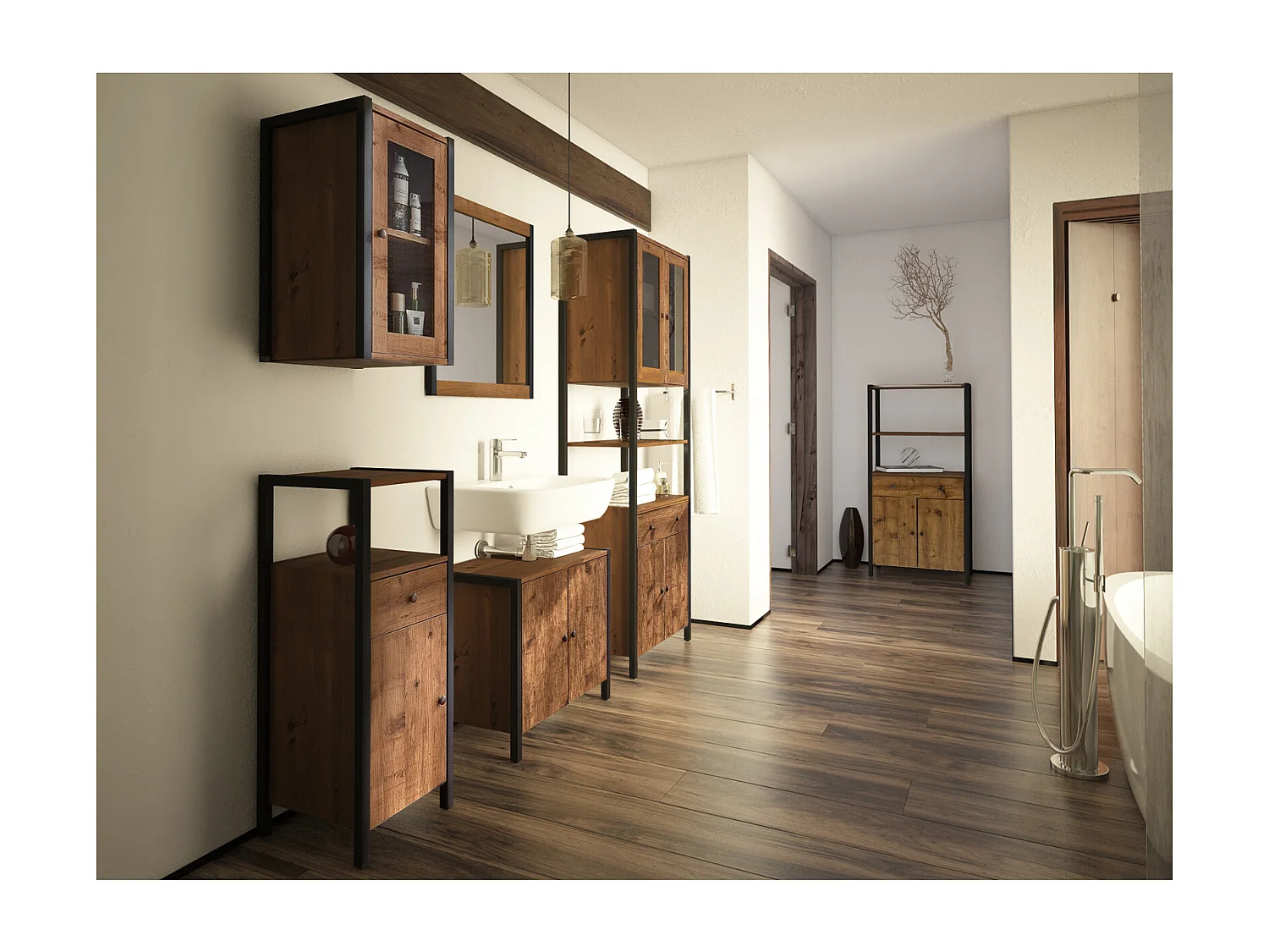 Chris | Armoire haute avec 2 portes vitrées + 2 portes en aggloméré chêne / noir