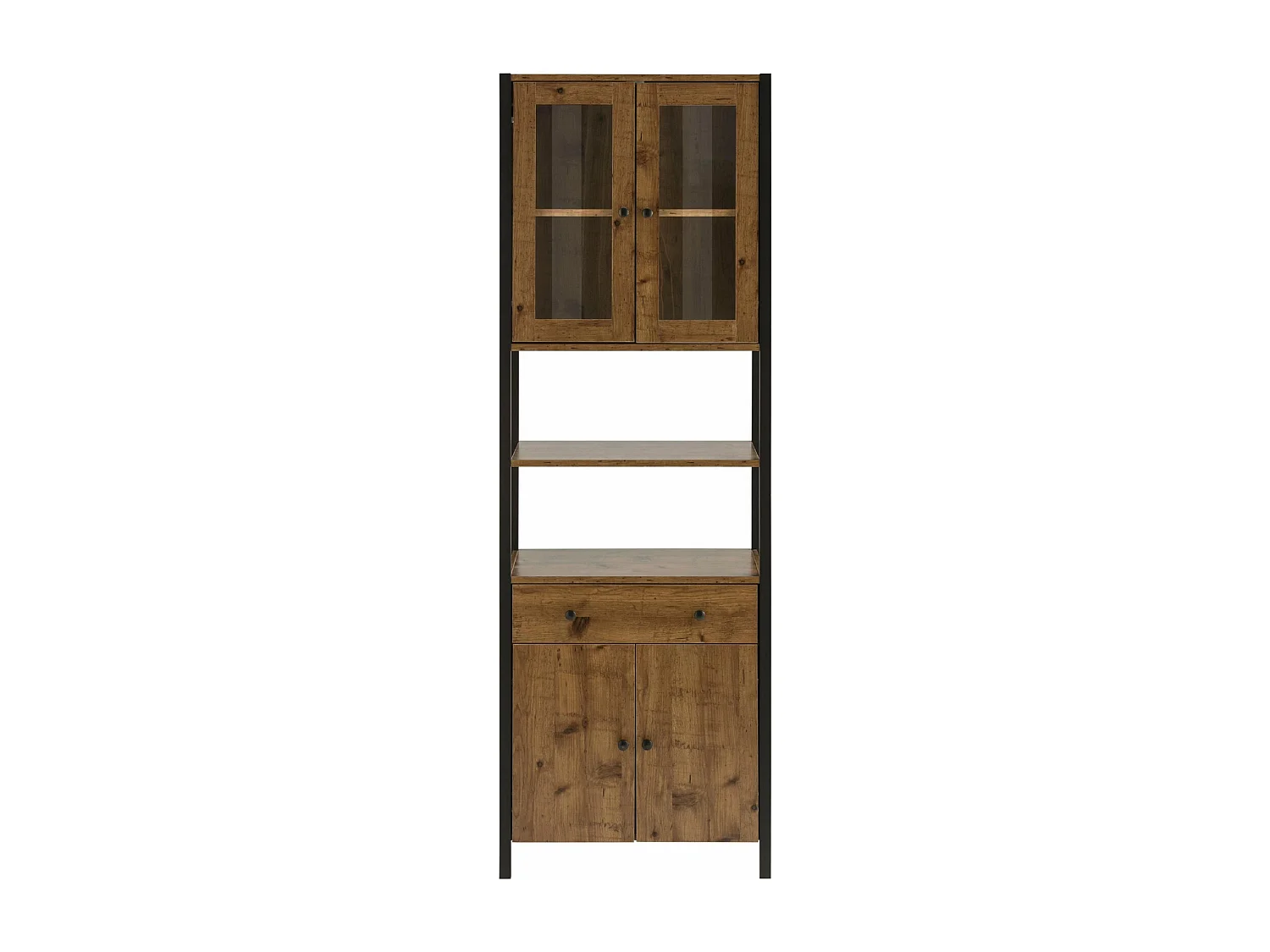 Chris | Armoire haute avec 2 portes vitrées + 2 portes en aggloméré chêne / noir