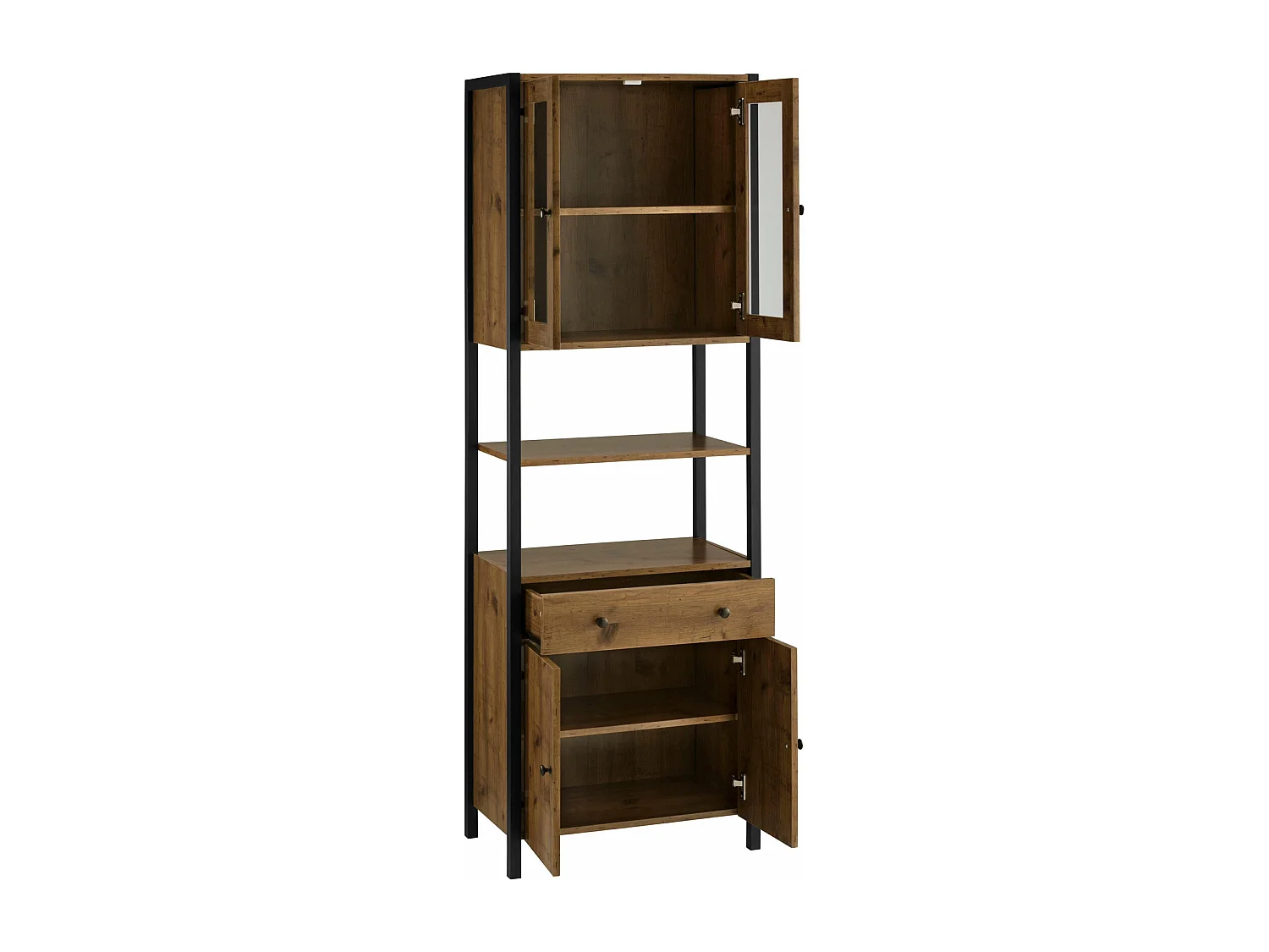 Chris | Armoire haute avec 2 portes vitrées + 2 portes en aggloméré chêne / noir