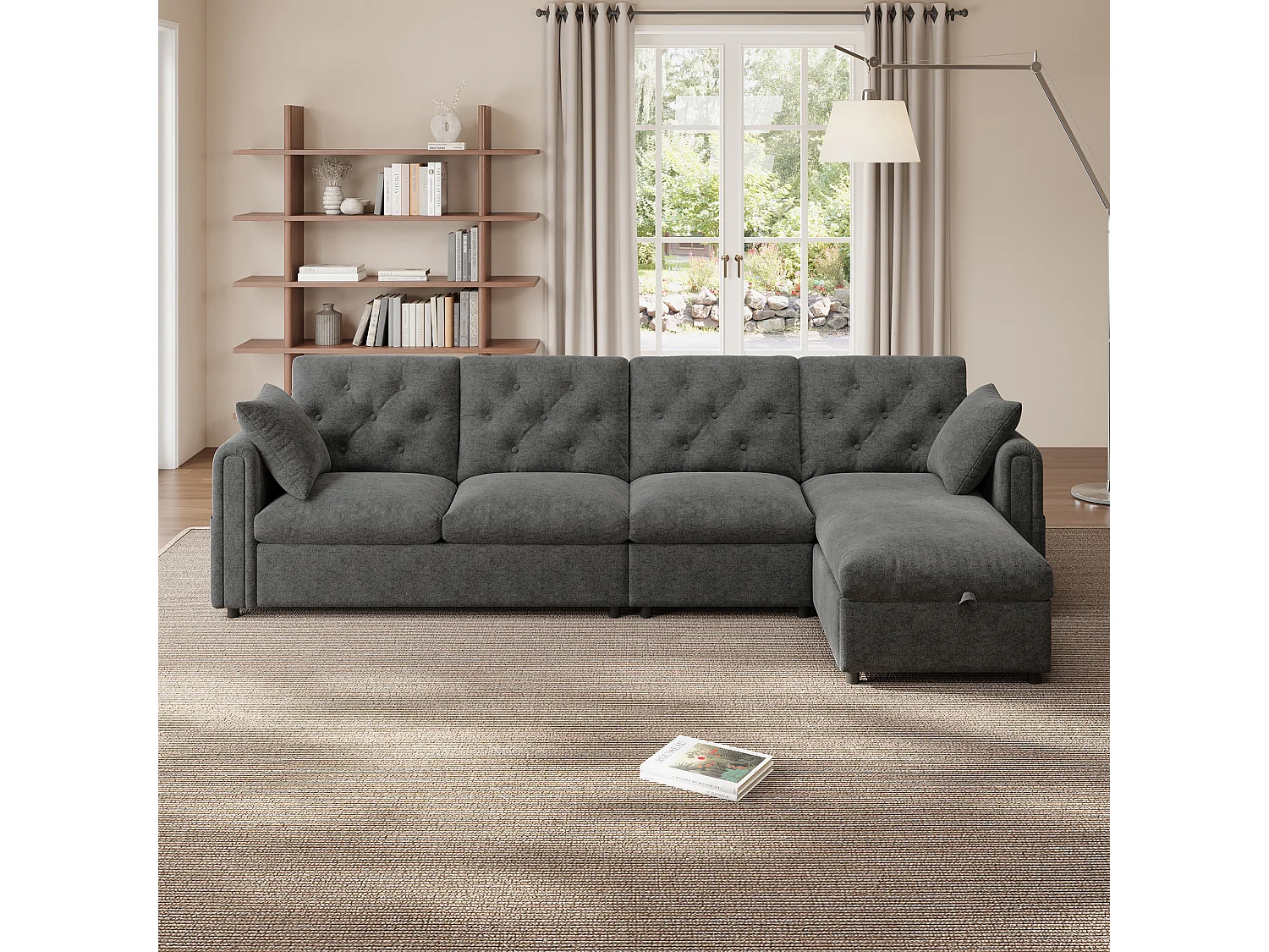 Canapé d'angle 4 places moderne avec rangement - accoudoirs latéraux avec poches 281 x 132 x 86 cm - velours - gris