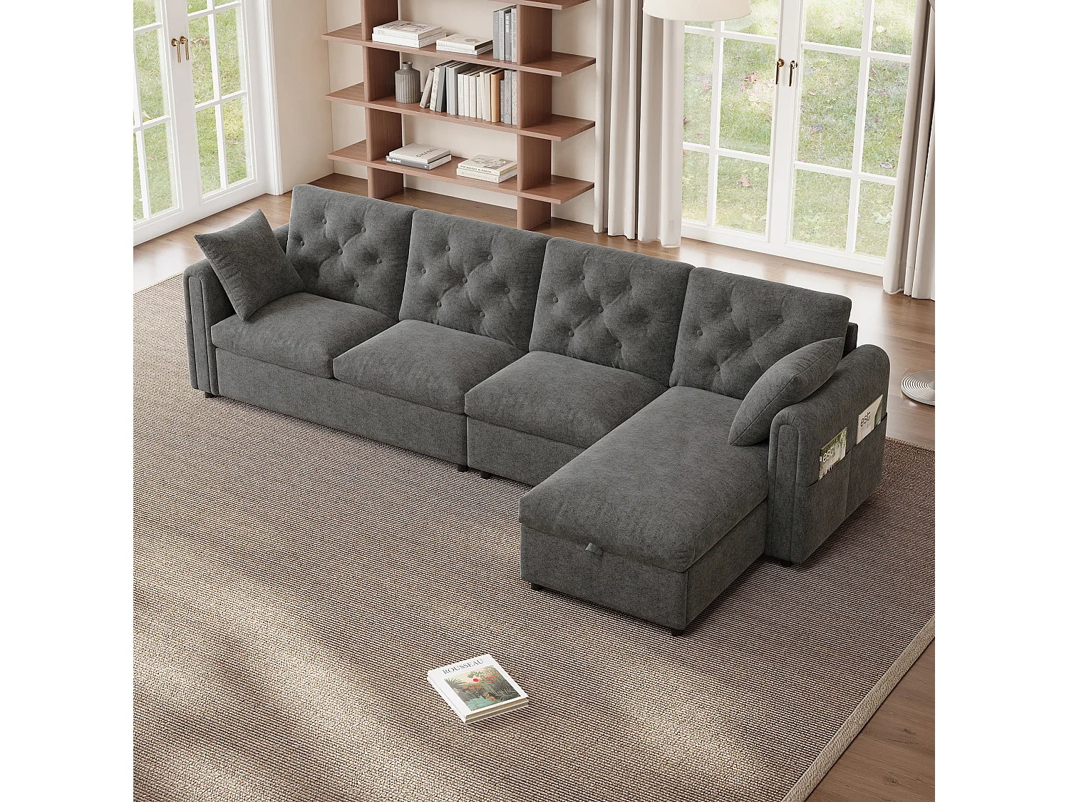 Canapé d'angle 4 places moderne avec rangement - accoudoirs latéraux avec poches 281 x 132 x 86 cm - velours - gris