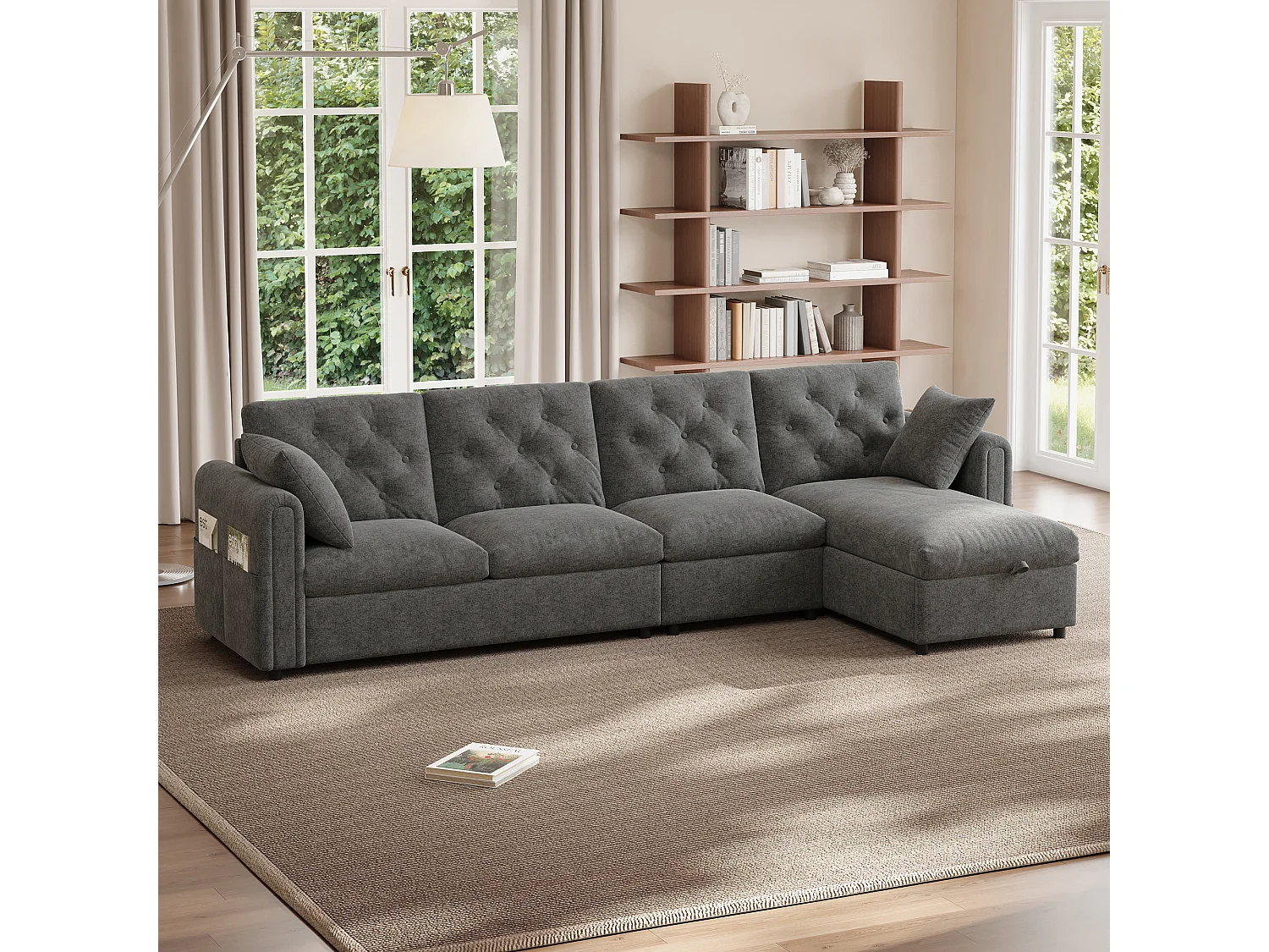 Canapé d'angle 4 places moderne avec rangement - accoudoirs latéraux avec poches 281 x 132 x 86 cm - velours - gris