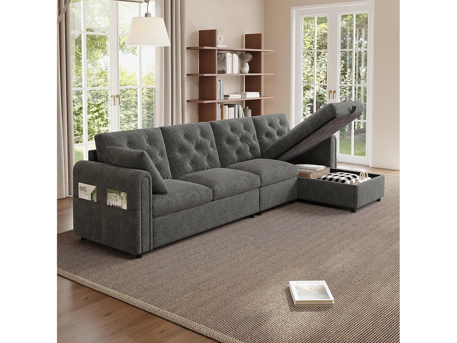 Canapé d'angle 4 places moderne avec rangement - accoudoirs latéraux avec poches 281 x 132 x 86 cm - velours - gris