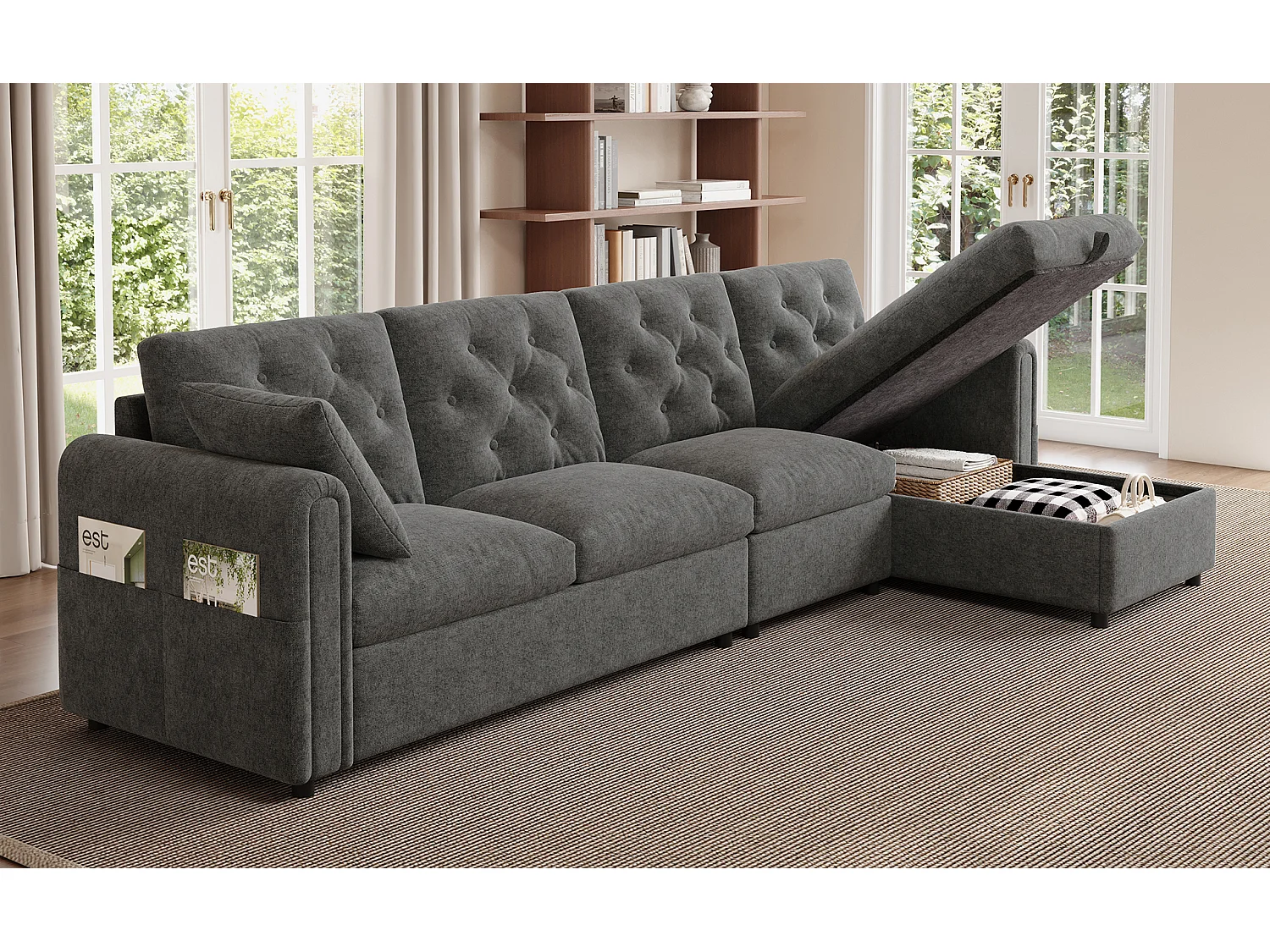 Canapé d'angle 4 places moderne avec rangement - accoudoirs latéraux avec poches 281 x 132 x 86 cm - velours - gris