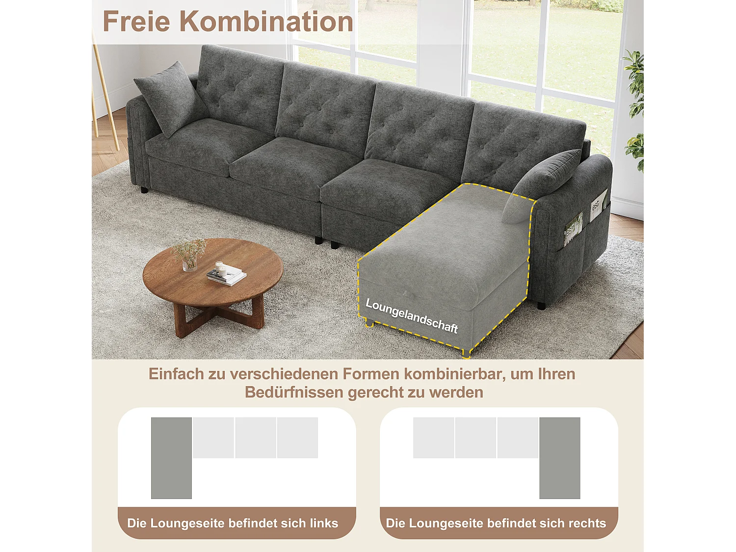 Canapé d'angle 4 places moderne avec rangement - accoudoirs latéraux avec poches 281 x 132 x 86 cm - velours - gris