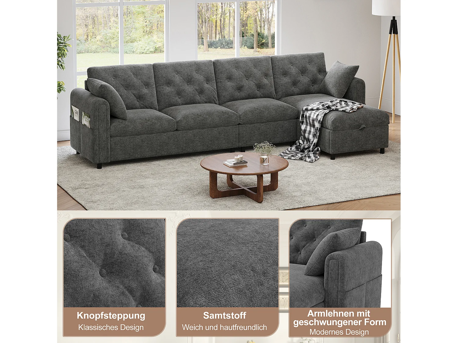 Canapé d'angle 4 places moderne avec rangement - accoudoirs latéraux avec poches 281 x 132 x 86 cm - velours - gris