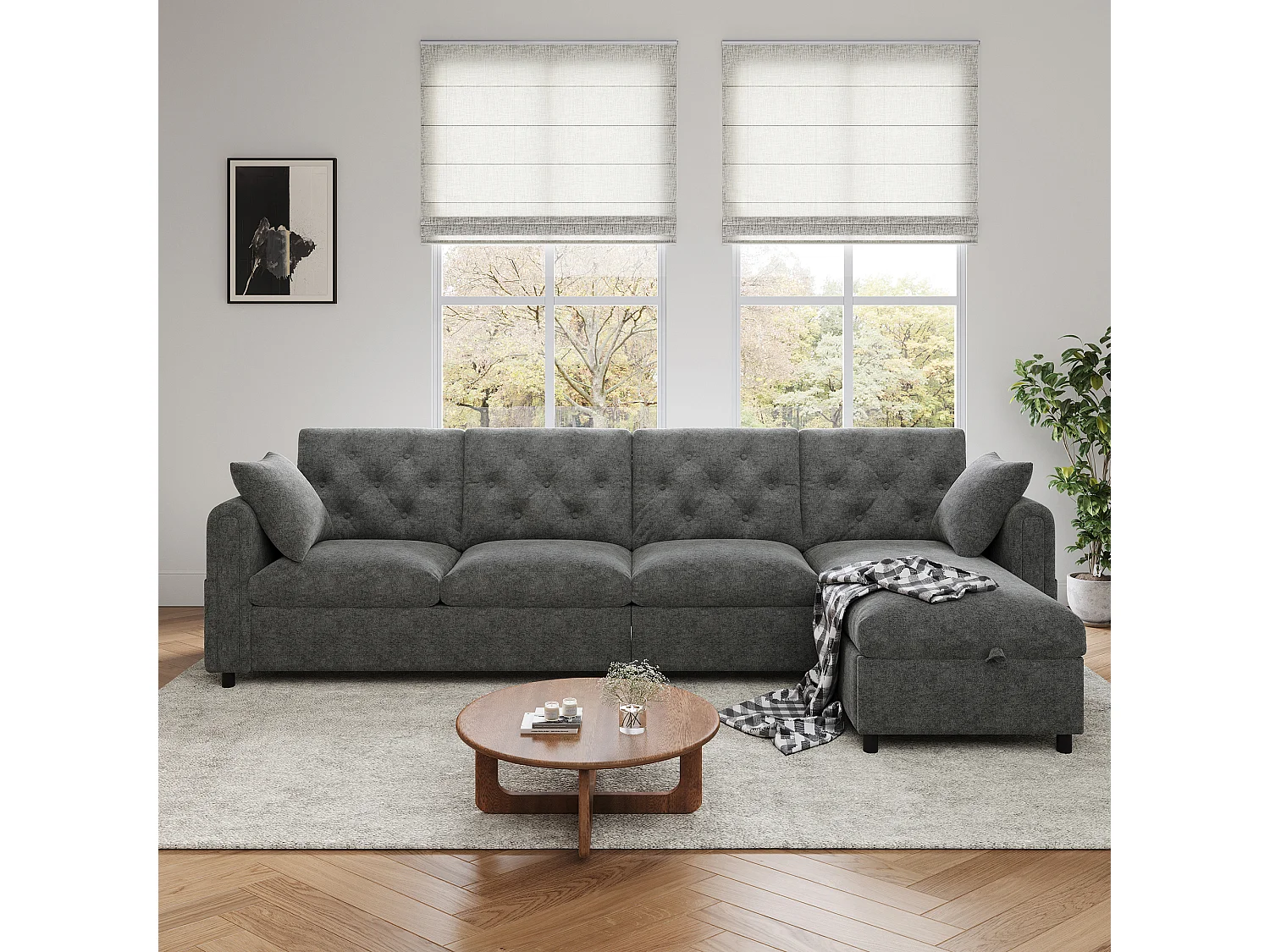 Canapé d'angle 4 places moderne avec rangement - accoudoirs latéraux avec poches 281 x 132 x 86 cm - velours - gris