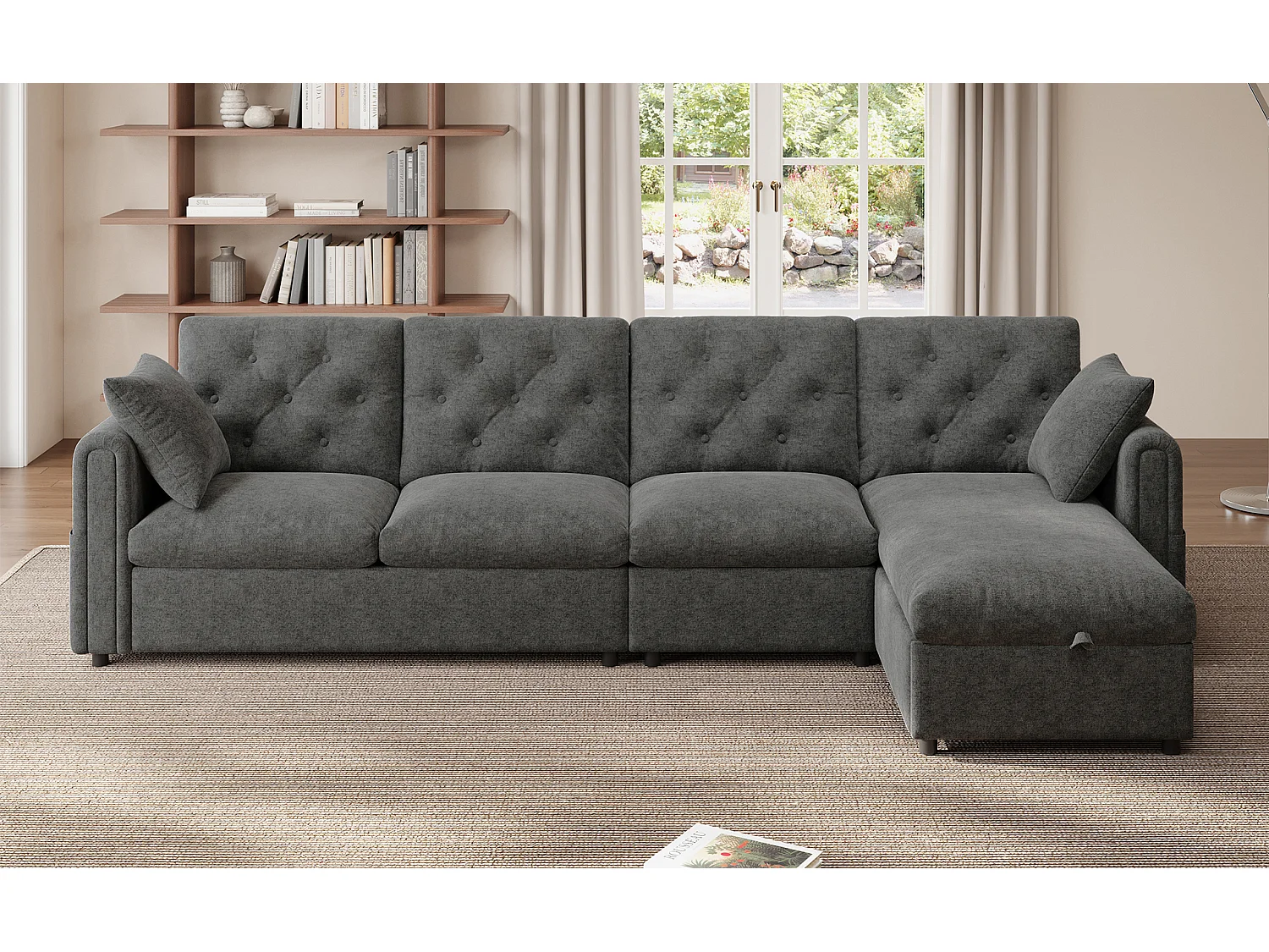 Nowoczesny narożnik 4-osobowy z pojemnikiem na pościel - podłokietniki boczne z kieszeniami 281 x 132 x 86 cm - welur - szary