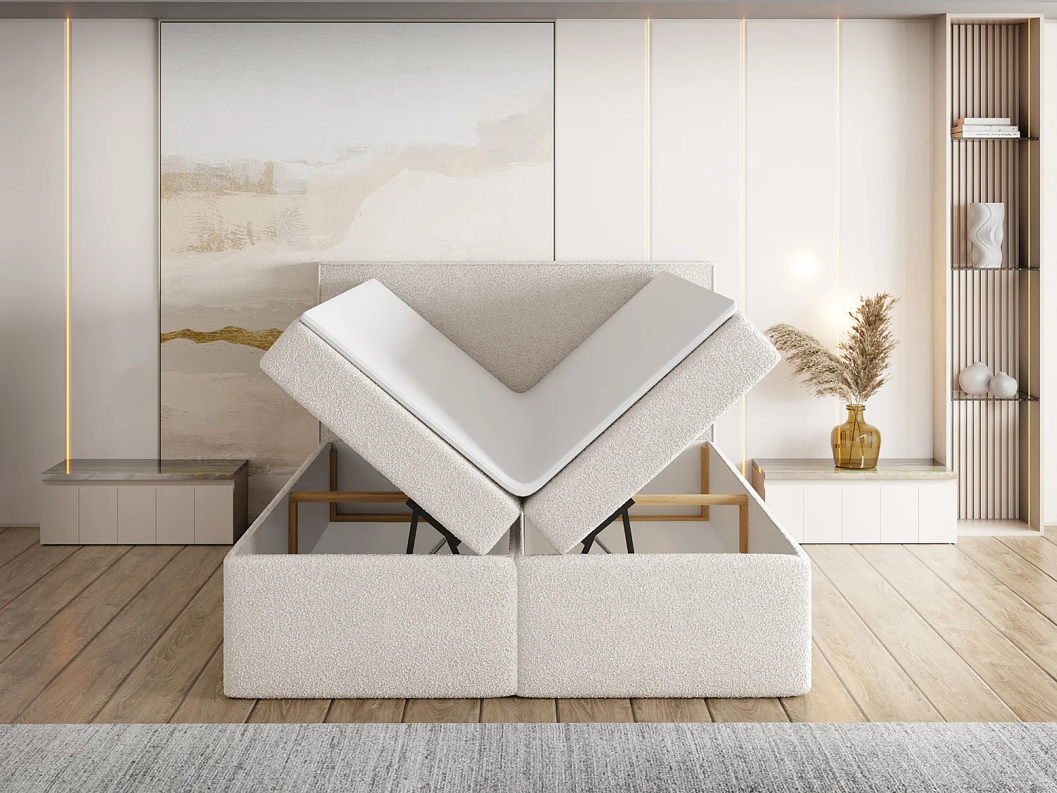 Boxspringbett 160x200 mit Bettkasten, Gepolstert Doppelbett mit H4 Bonell-Matratze, H2 Visco-Topper – Stauraumbett mit hohem Kopfteil, Boucle Stoff – Terra – Beige