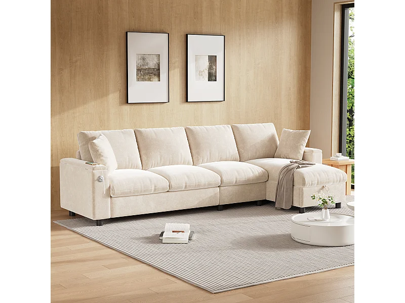 4-Sitzer-Ecksofa mit 2 Armlehnen und Stauraum + Klapptisch mit 2 Getränkehaltern + USB-Anschluss – Chenille – Beige