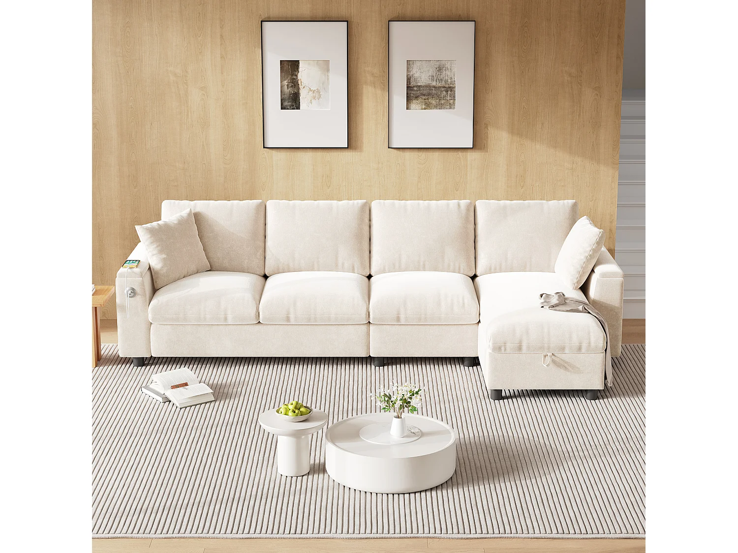 4-zits hoekbank met 2 armleuningen en opbergruimte + opklapbare salontafel met 2 bekerhouders + USB-aansluiting - chenille - beige