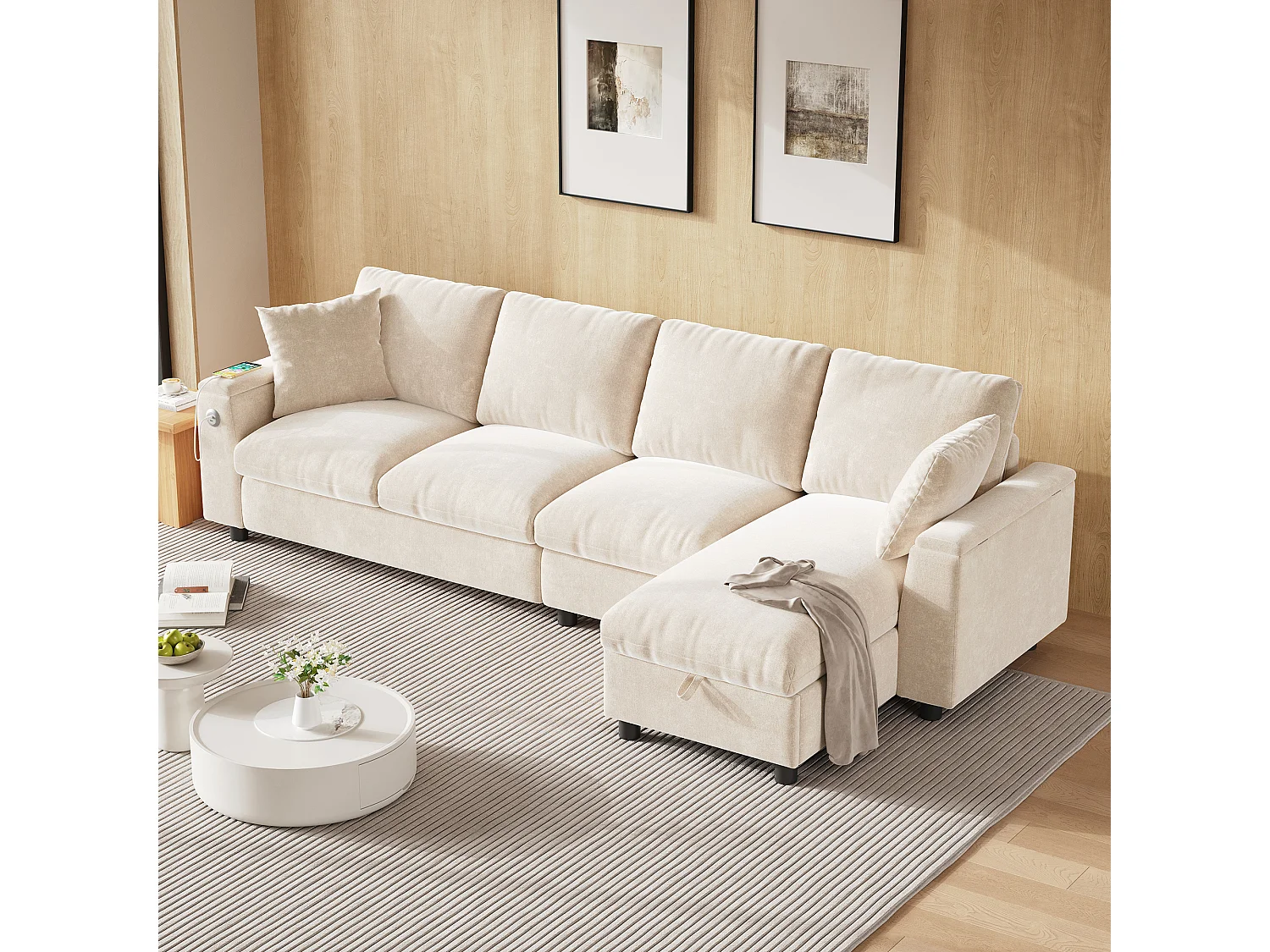 4-zits hoekbank met 2 armleuningen en opbergruimte + opklapbare salontafel met 2 bekerhouders + USB-aansluiting - chenille - beige