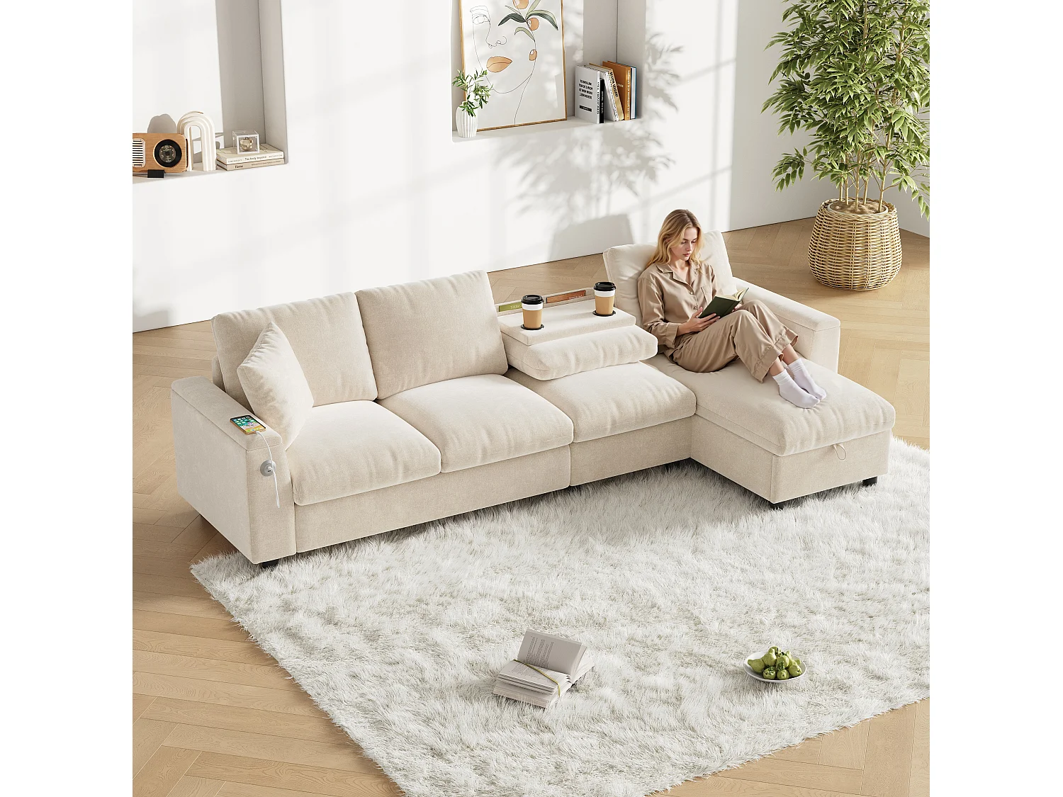 4-zits hoekbank met 2 armleuningen en opbergruimte + opklapbare salontafel met 2 bekerhouders + USB-aansluiting - chenille - beige