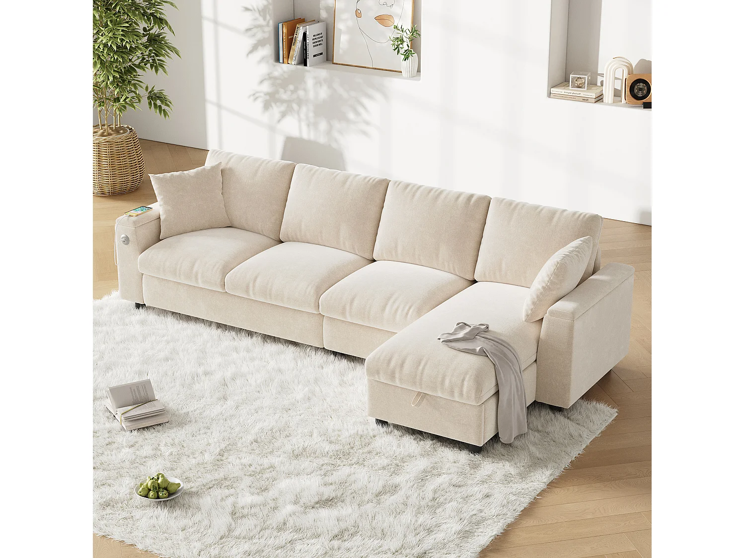 4-zits hoekbank met 2 armleuningen en opbergruimte + opklapbare salontafel met 2 bekerhouders + USB-aansluiting - chenille - beige